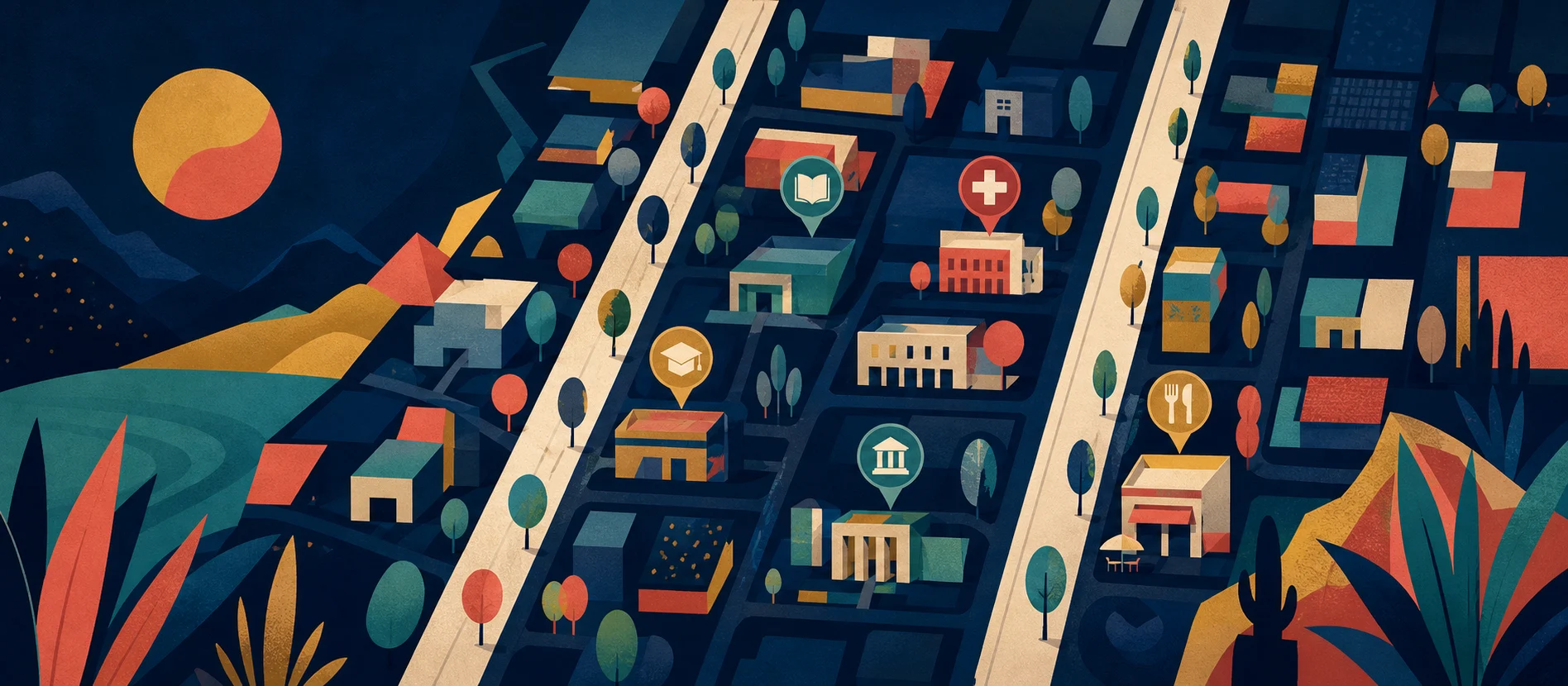 Hero ilustrativo de América con caminos y servicios locales verificados y una ruta de paquetería