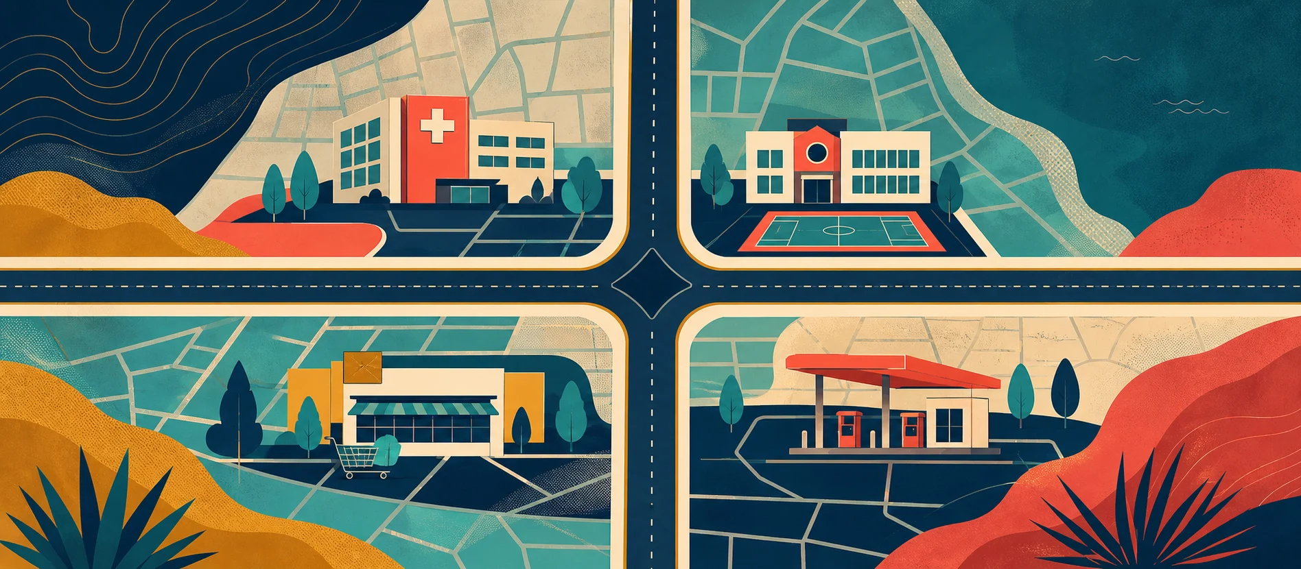 Hero ilustrativo de Américas Este y Oeste con caminos y servicios locales verificados y una ruta de paquetería
