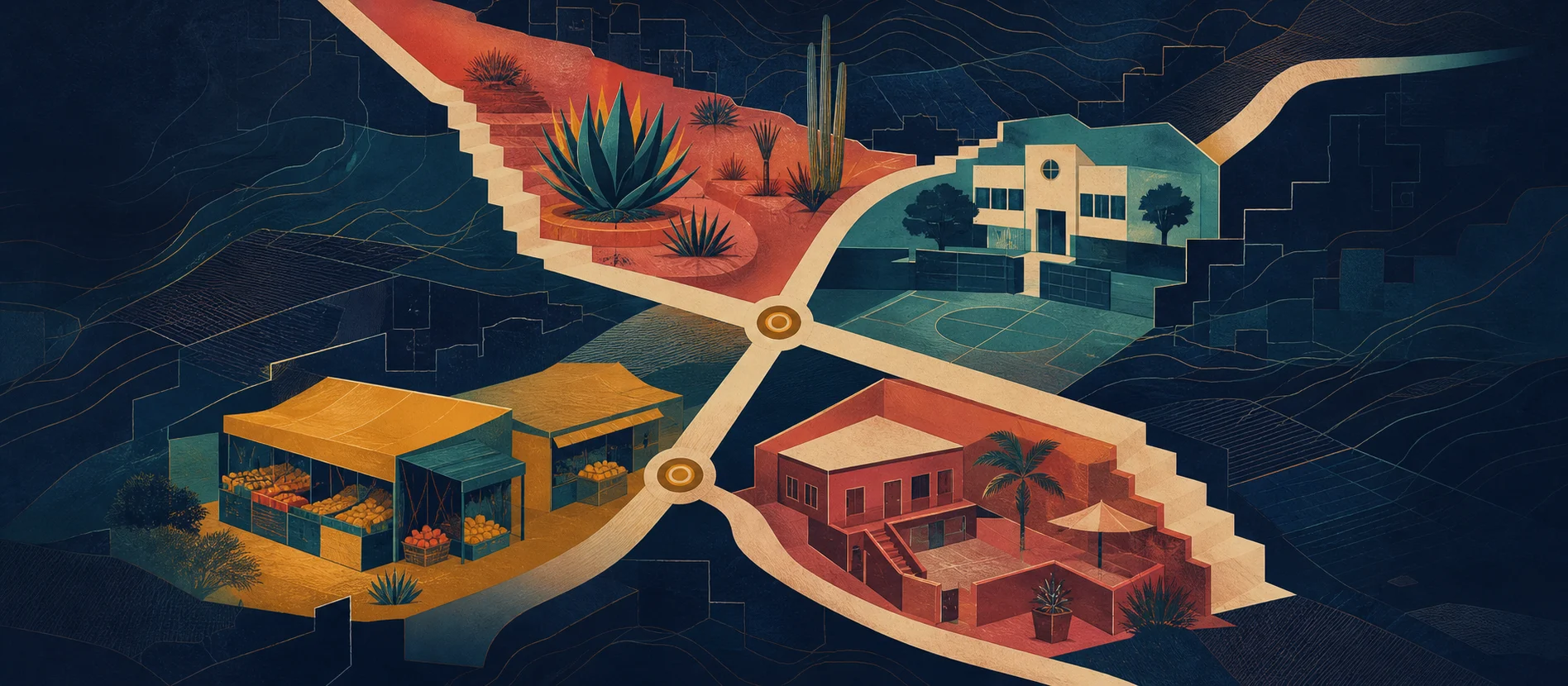Hero ilustrativo de Ampliación Loma Bonita con caminos y servicios locales verificados y una ruta de paquetería