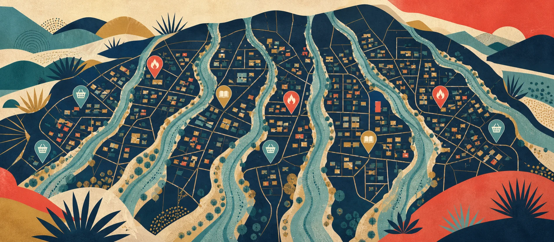 Hero ilustrativo de Hacienda las Delicias con caminos y servicios locales verificados y una ruta de paquetería