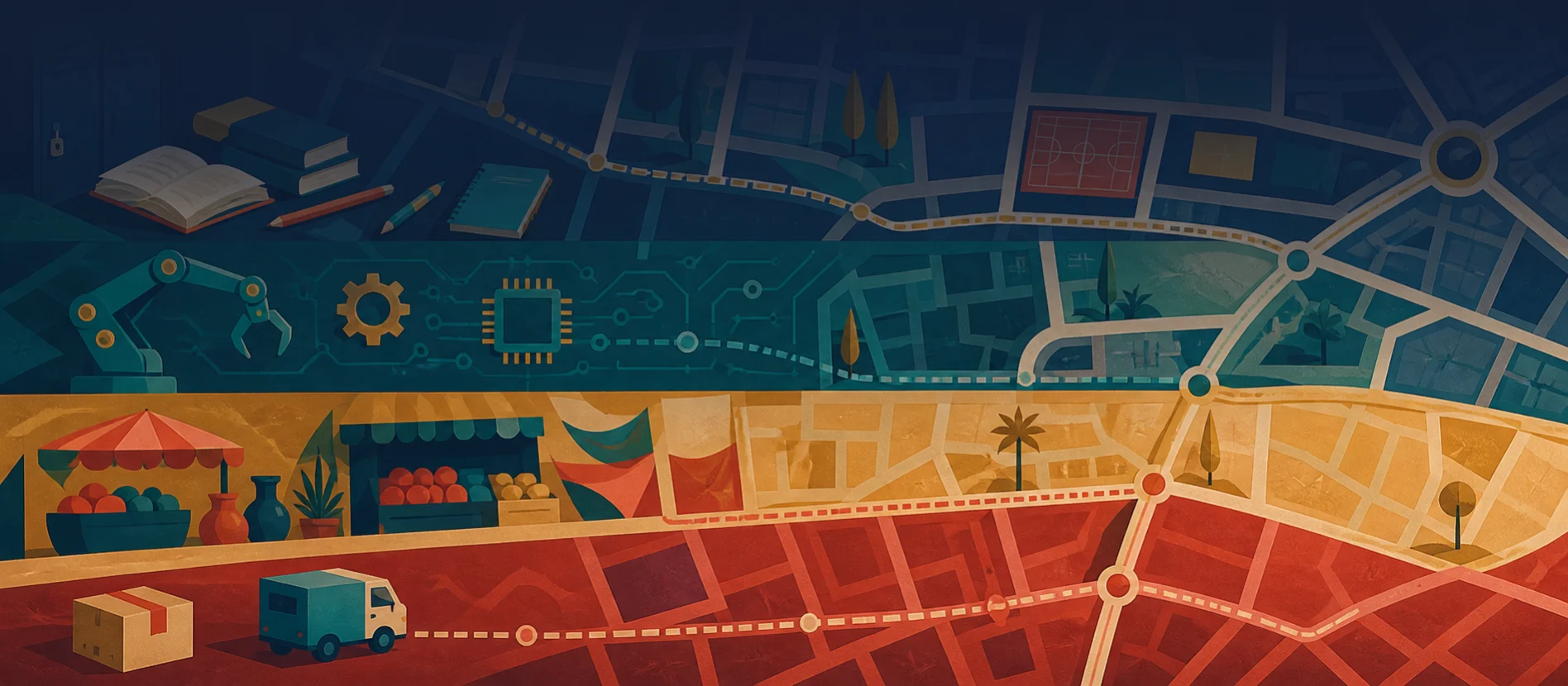 Hero ilustrativo de Indeco Universidad con caminos y servicios locales verificados y una ruta de paquetería