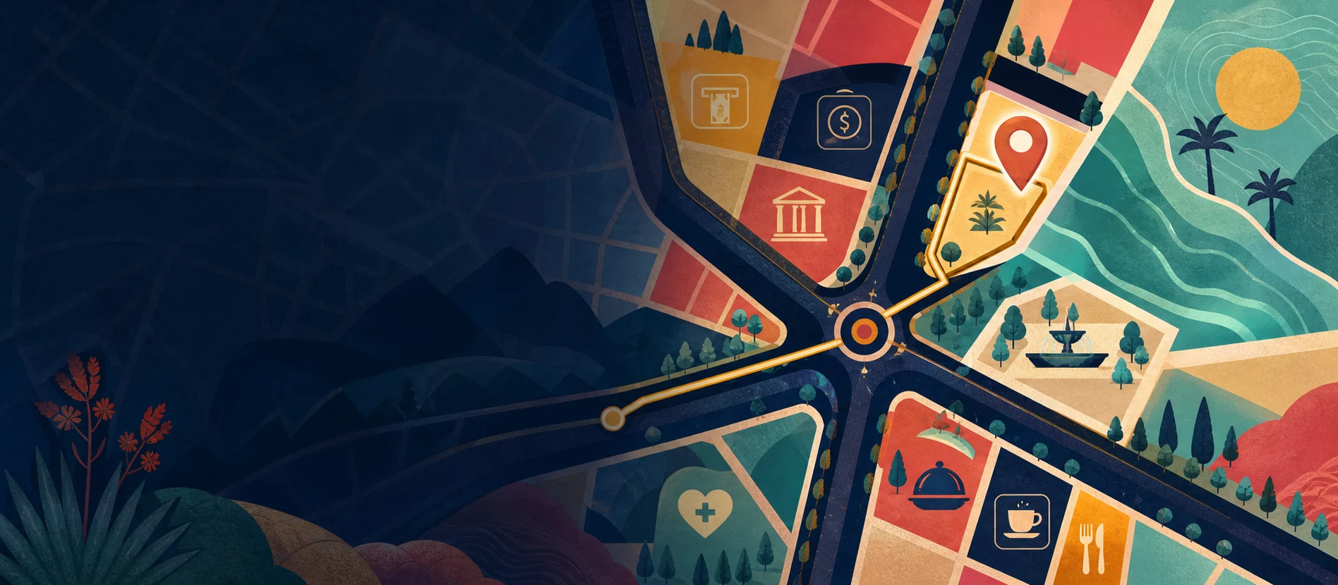 Hero ilustrativo de Marrón con caminos y servicios locales verificados y una ruta de paquetería