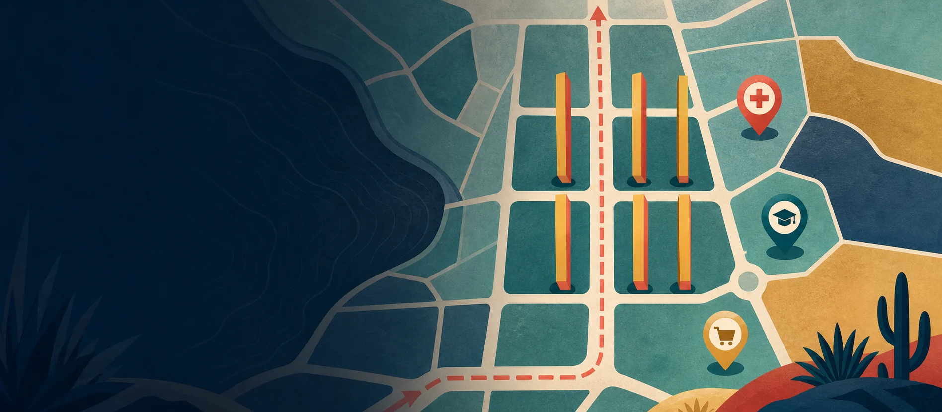 Hero ilustrativo de Torres de Matamoros con caminos y servicios locales verificados y una ruta de paquetería