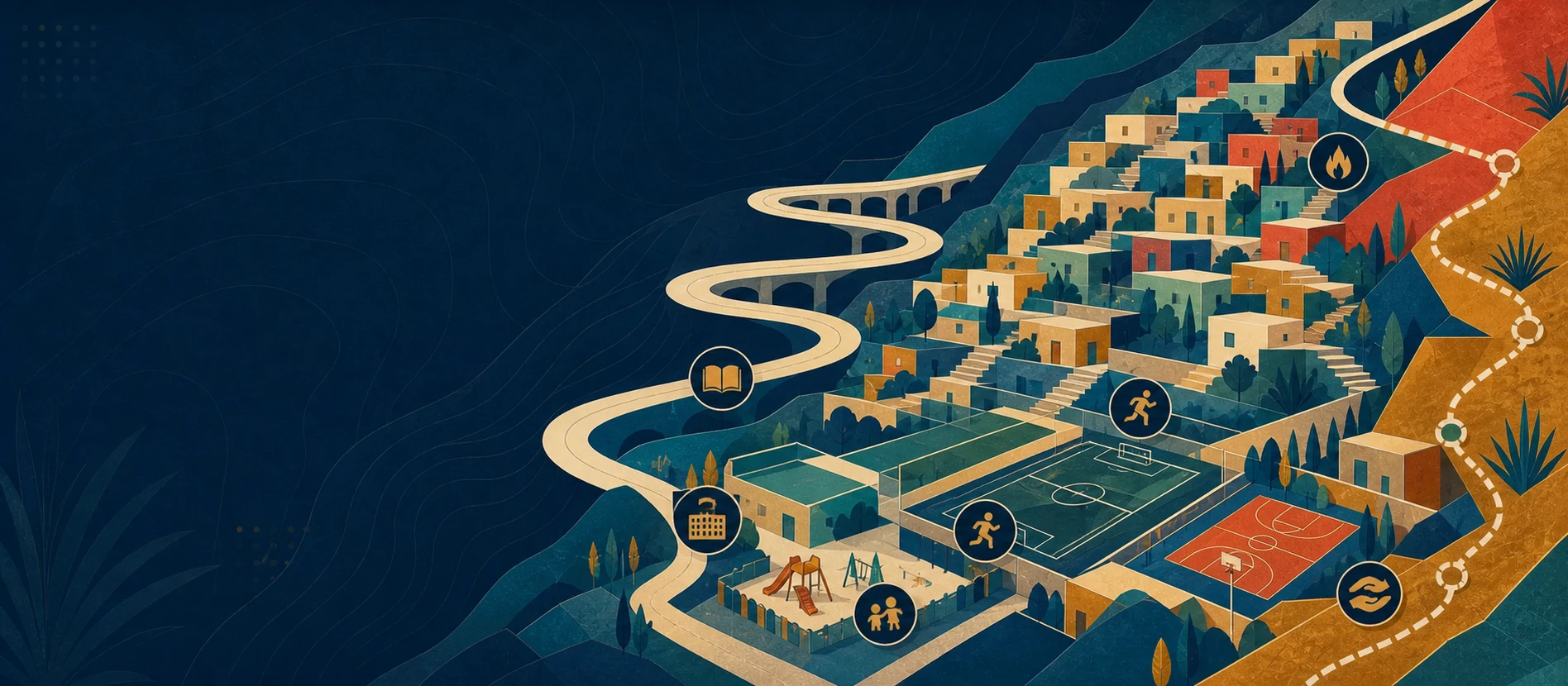 Hero ilustrativo de Inmobiliaria Gonzarant con caminos y servicios locales verificados y una ruta de paquetería