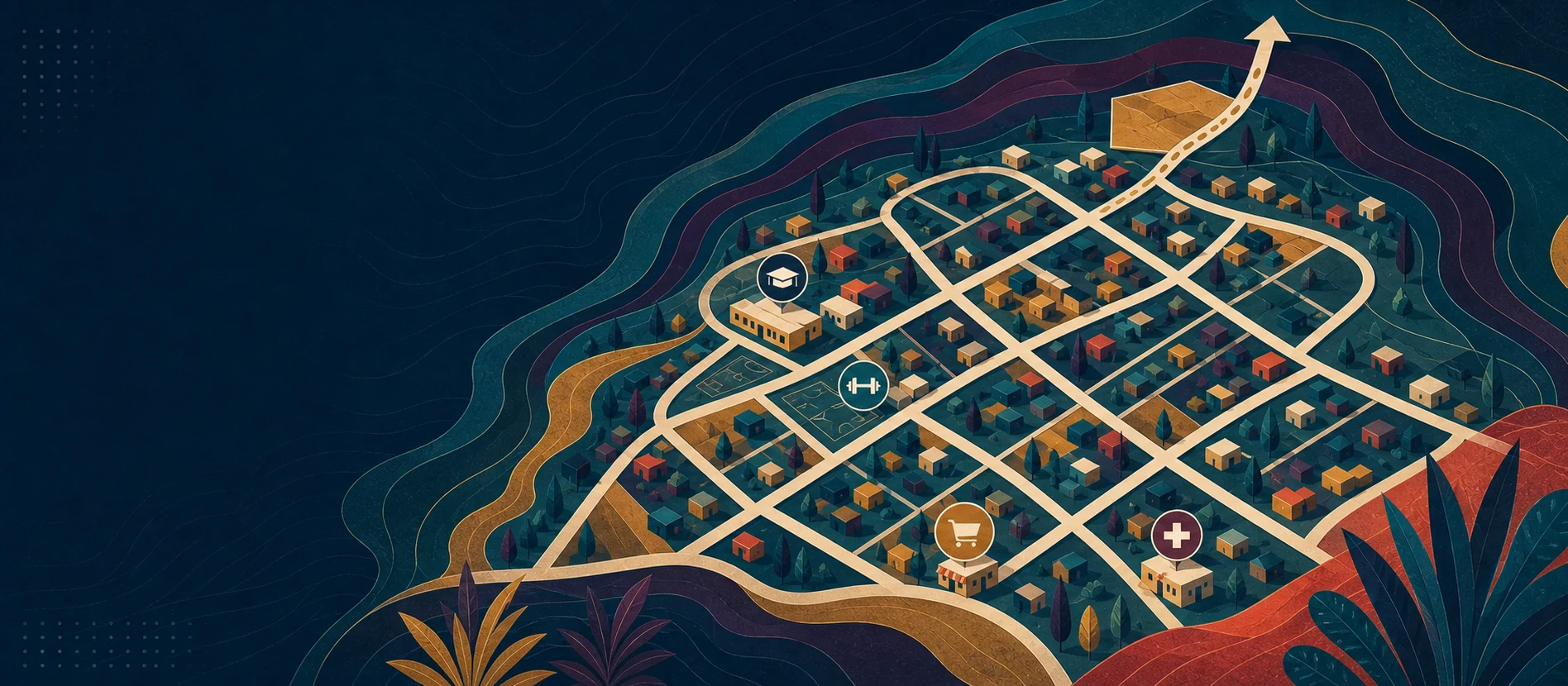 Hero ilustrativo de Residencial Agua Caliente con caminos y servicios locales verificados y una ruta de paquetería