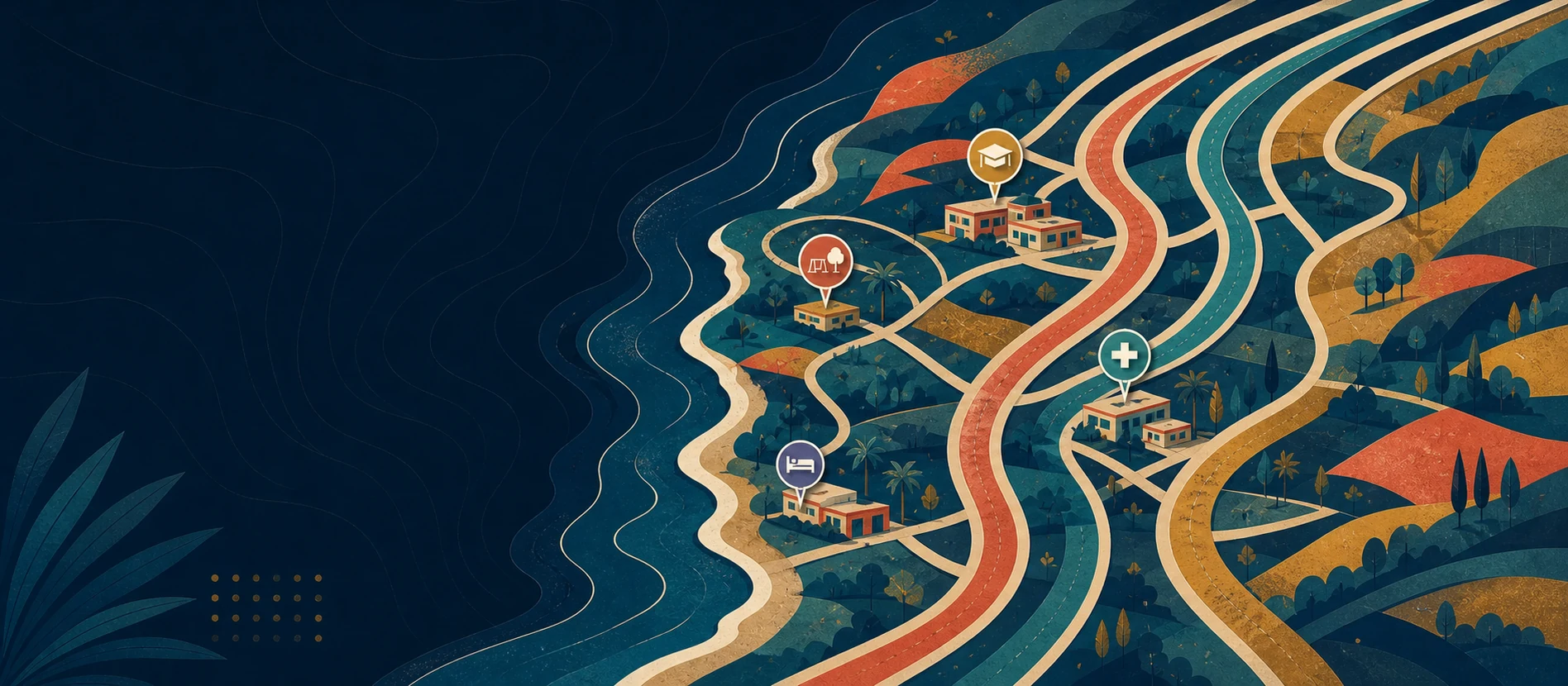 Hero ilustrativo de Sección Costa Azul con caminos y servicios locales verificados y una ruta de paquetería