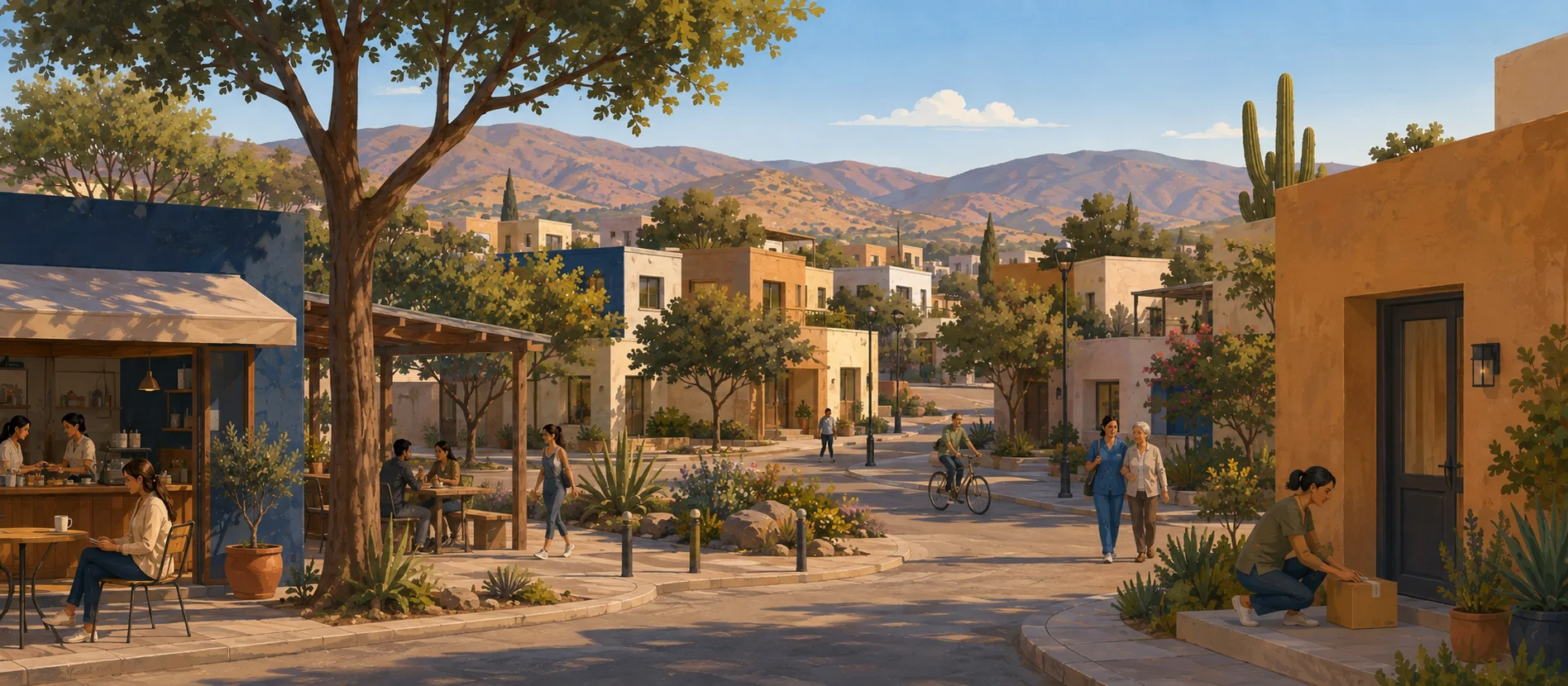 Original illustration representing the residential and recorded service context of Ampliación Hidalgo, Ensenada