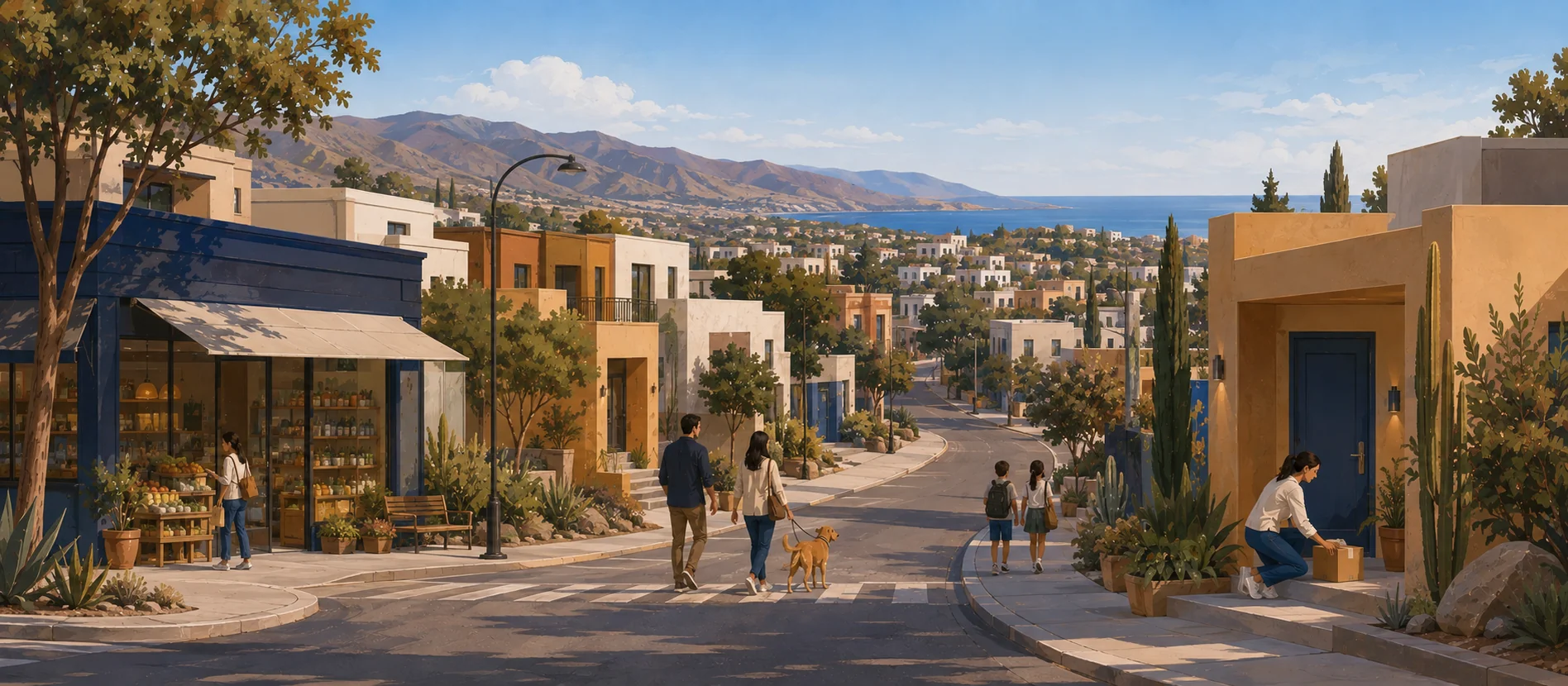 Original illustration representing the residential and recorded service context of Colinas del Mar, Ensenada