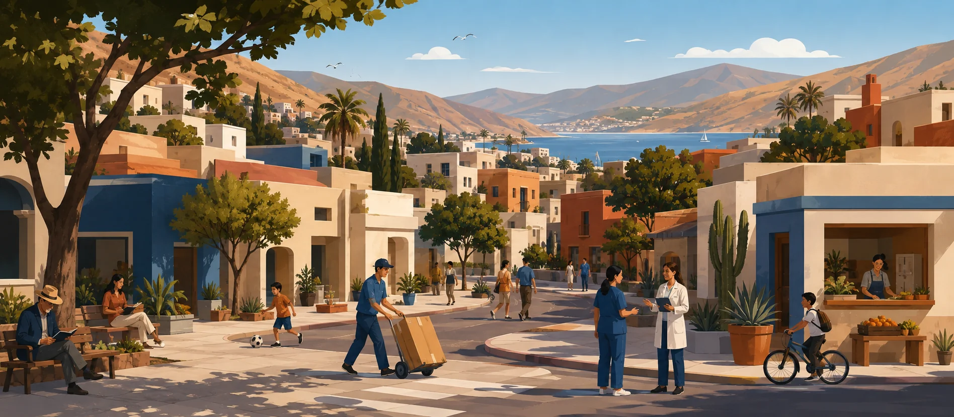 Original illustration representing the residential and recorded service context of Costa Azul, Ensenada