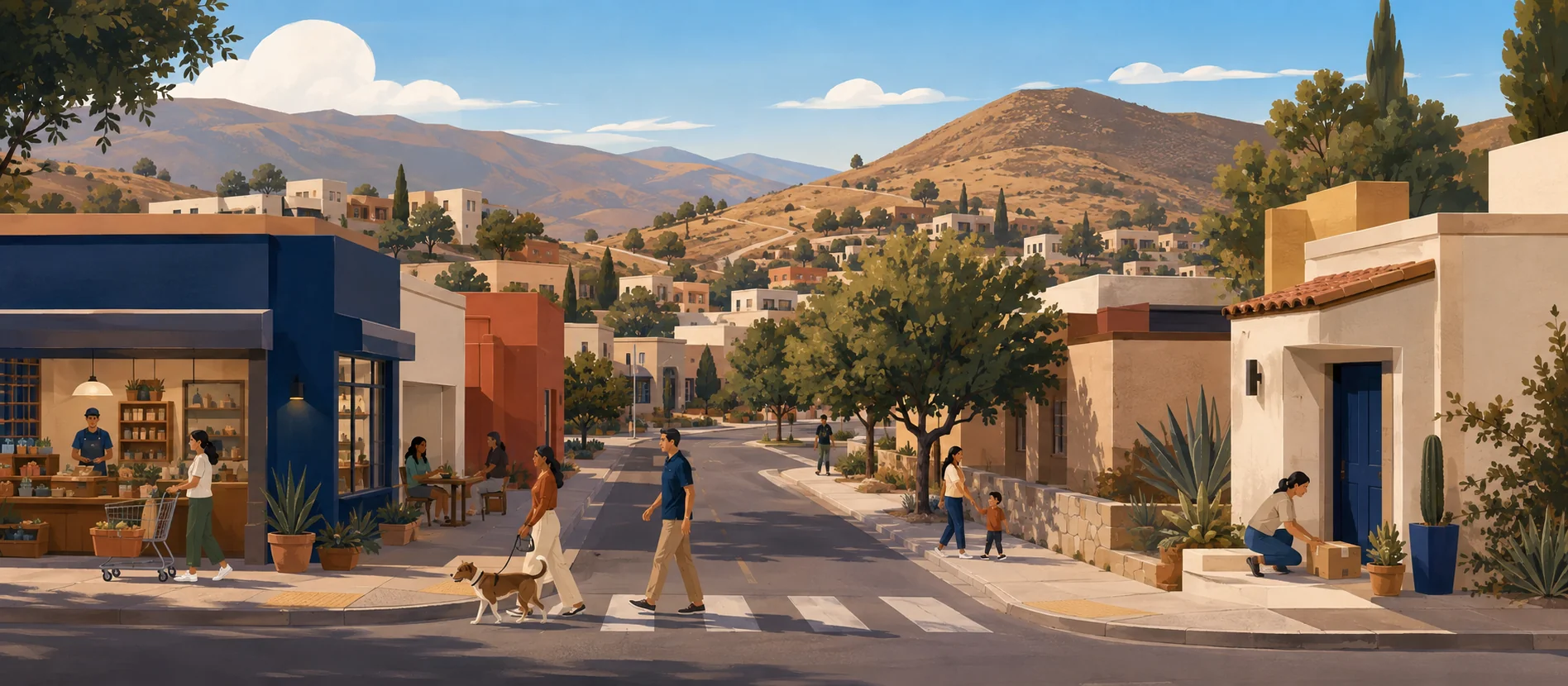 Original illustration representing the residential and recorded service context of Downey, Tecate