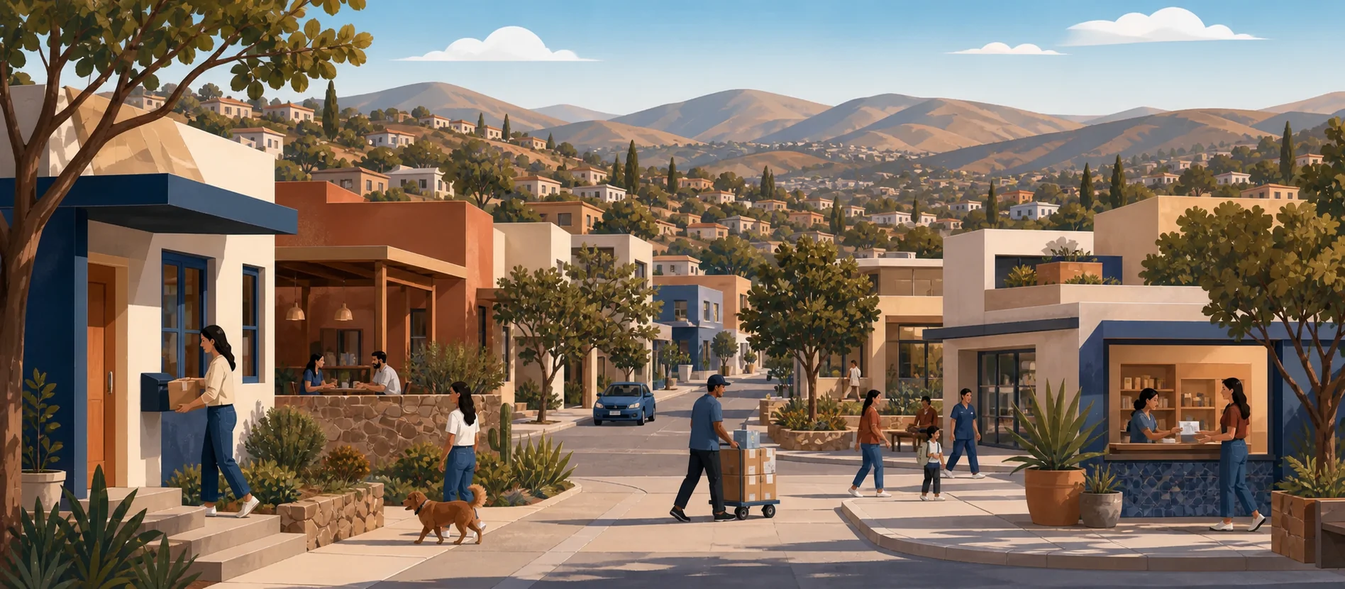 Original illustration representing the residential and recorded service context of Fundadores, Tecate