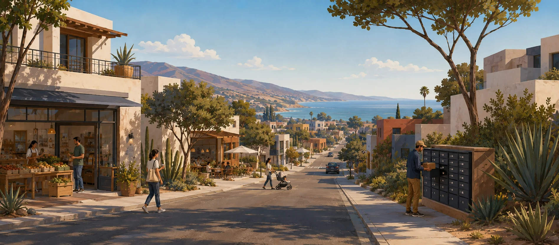 Original illustration representing the residential and recorded service context of Jardines del Mar, Ensenada