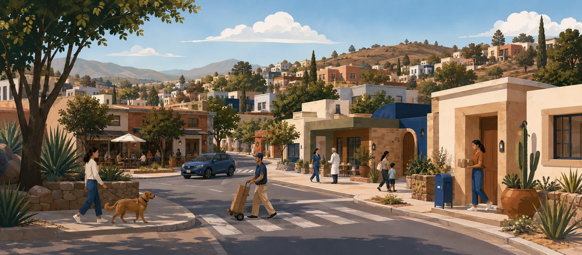 Original illustration representing the residential and recorded service context of Jardines del Río, Tecate