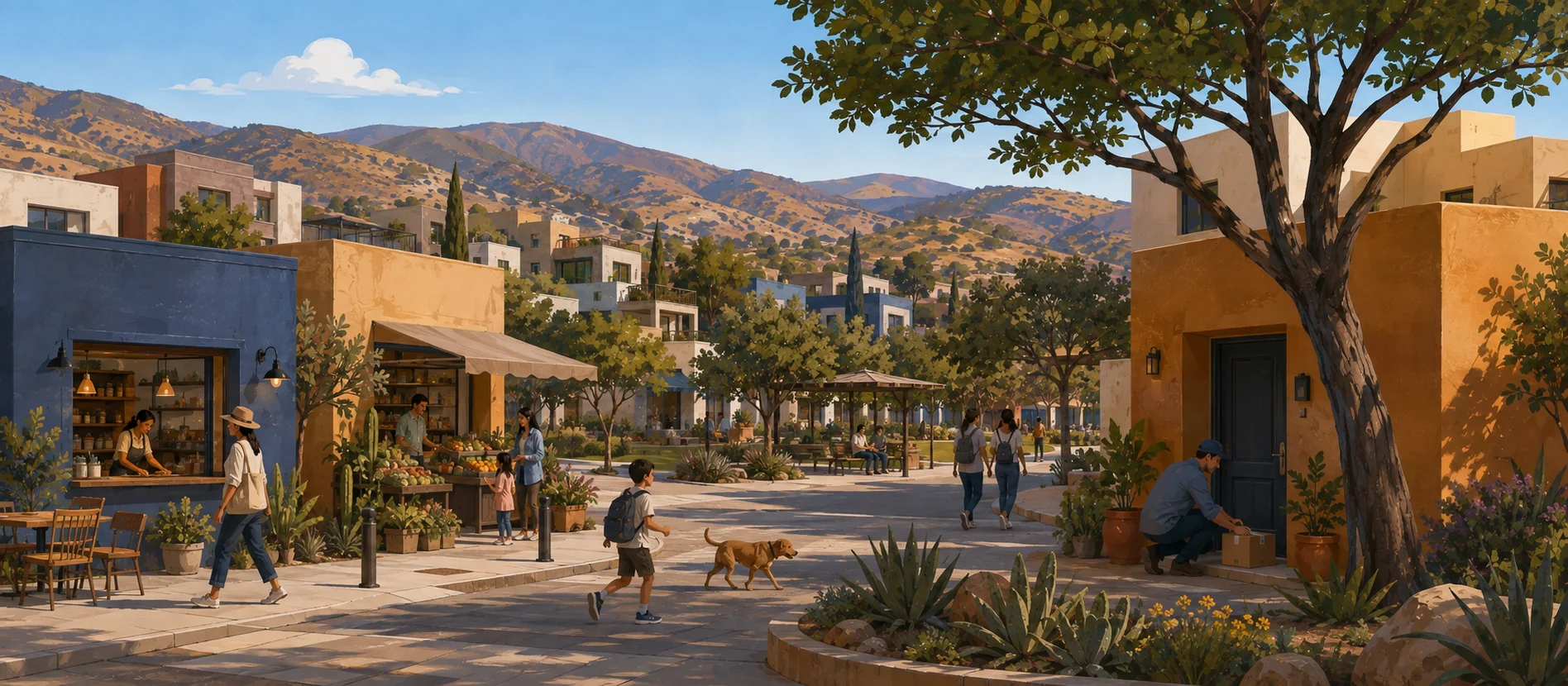 Original illustration representing the residential and recorded service context of Lomas de la Presa, Ensenada