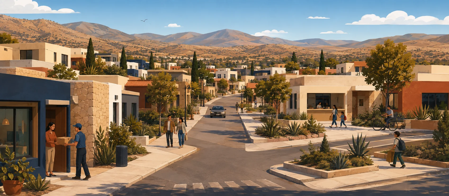 Original illustration representing the residential and recorded service context of Lomas de Santa Anita, Tecate