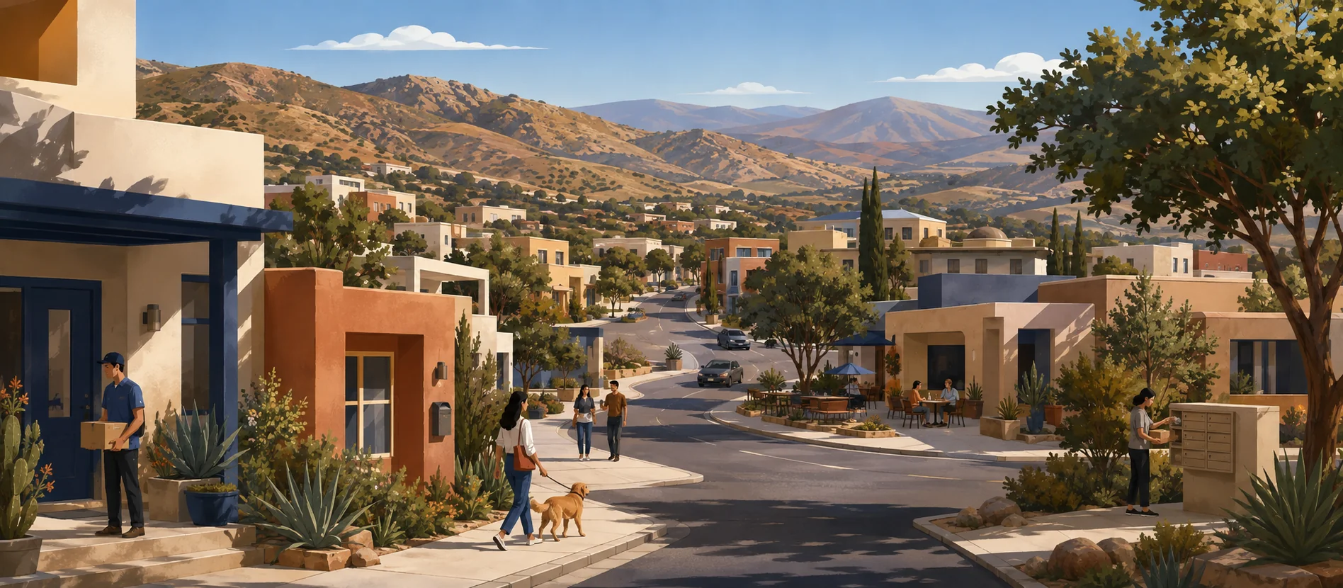 Original illustration representing the residential and recorded service context of Los Olivos, Tecate