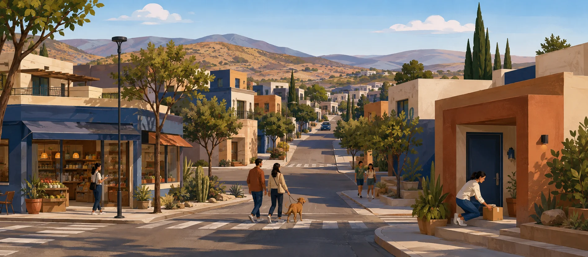 Original illustration representing the residential and recorded service context of Nueva Colonia Hindú, Tecate