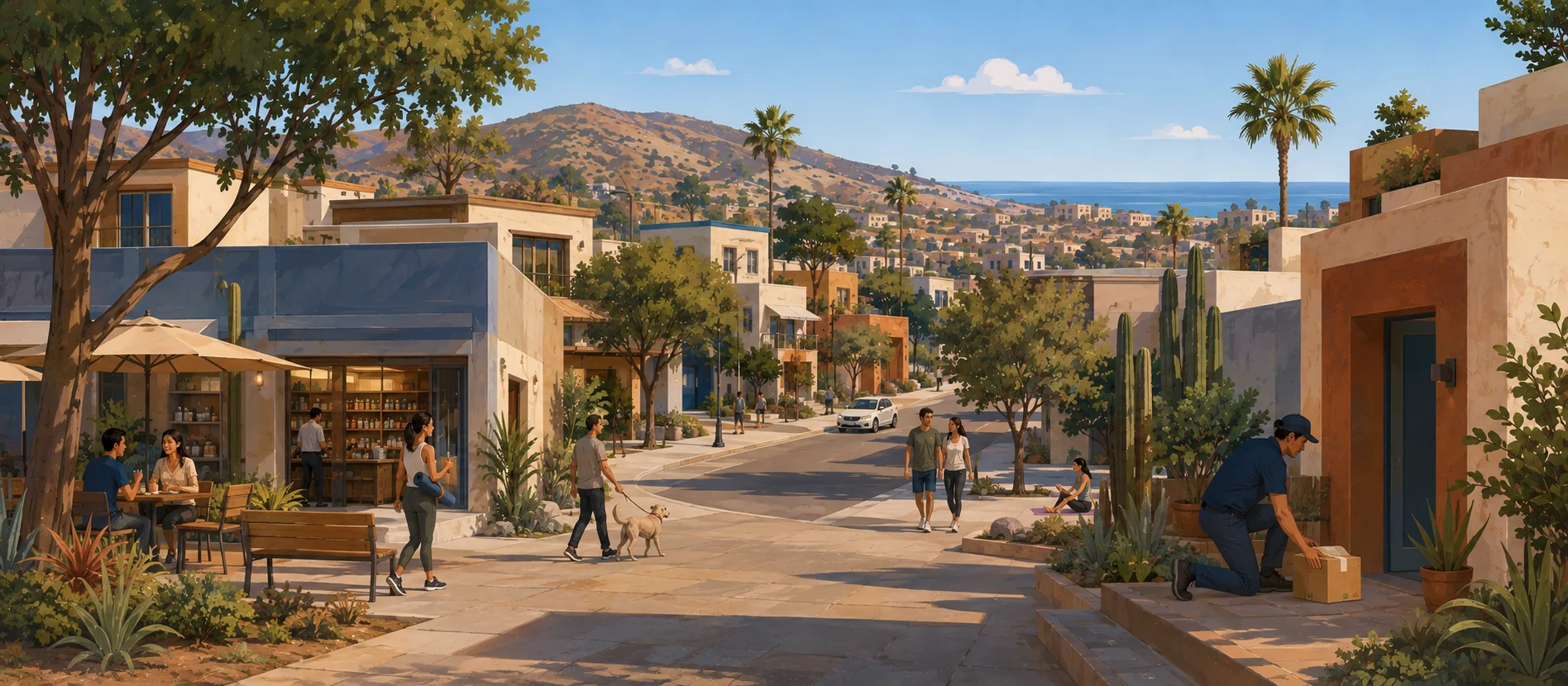 Original illustration representing the residential and recorded service context of Playa Hermosa, Ensenada
