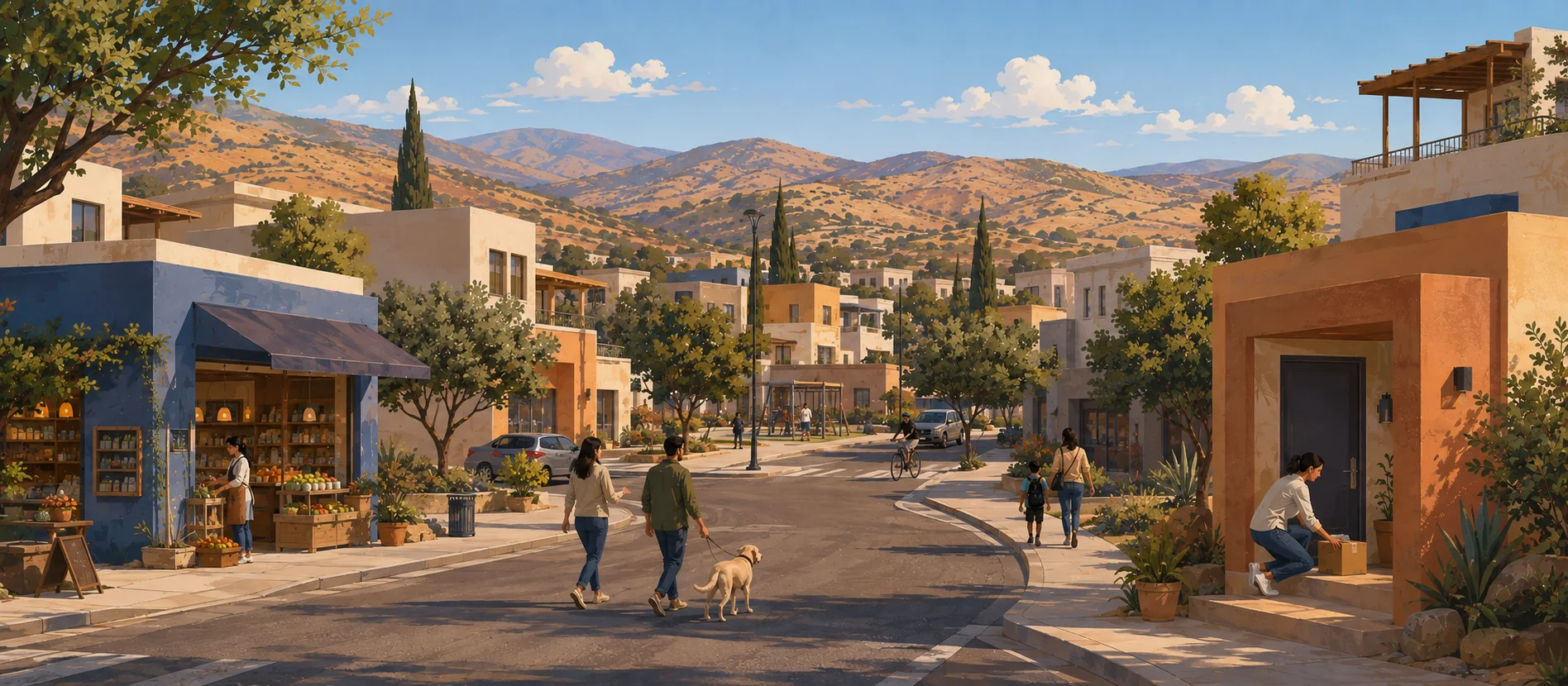 Original illustration representing the residential and recorded service context of Praderas del Ciprés, Ensenada