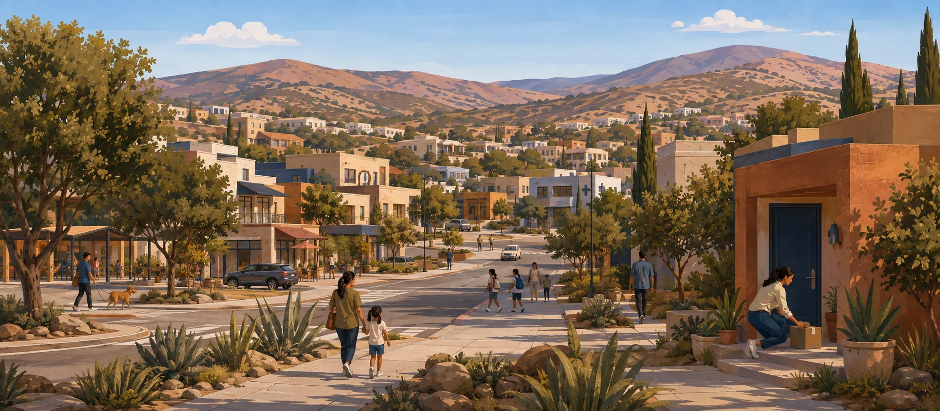Original illustration representing the residential and recorded service context of Residencial Lomas, Ensenada