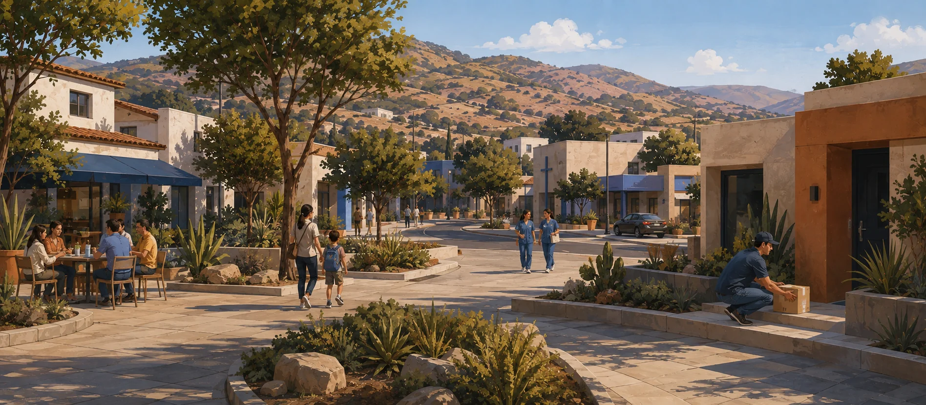 Original illustration representing the residential and recorded service context of Villa Residencial del Real, Ensenada