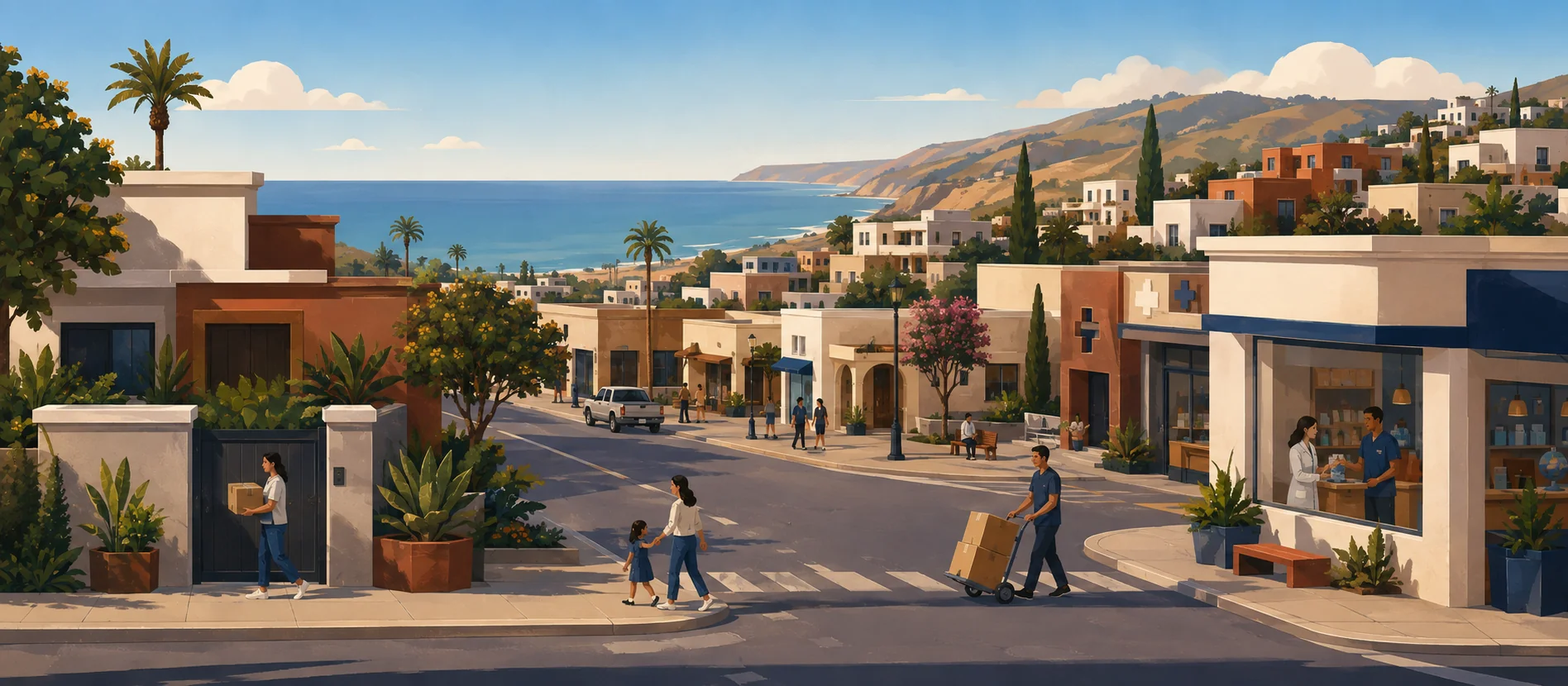 Original illustration representing the residential and recorded service context of Villa Turística, Rosarito