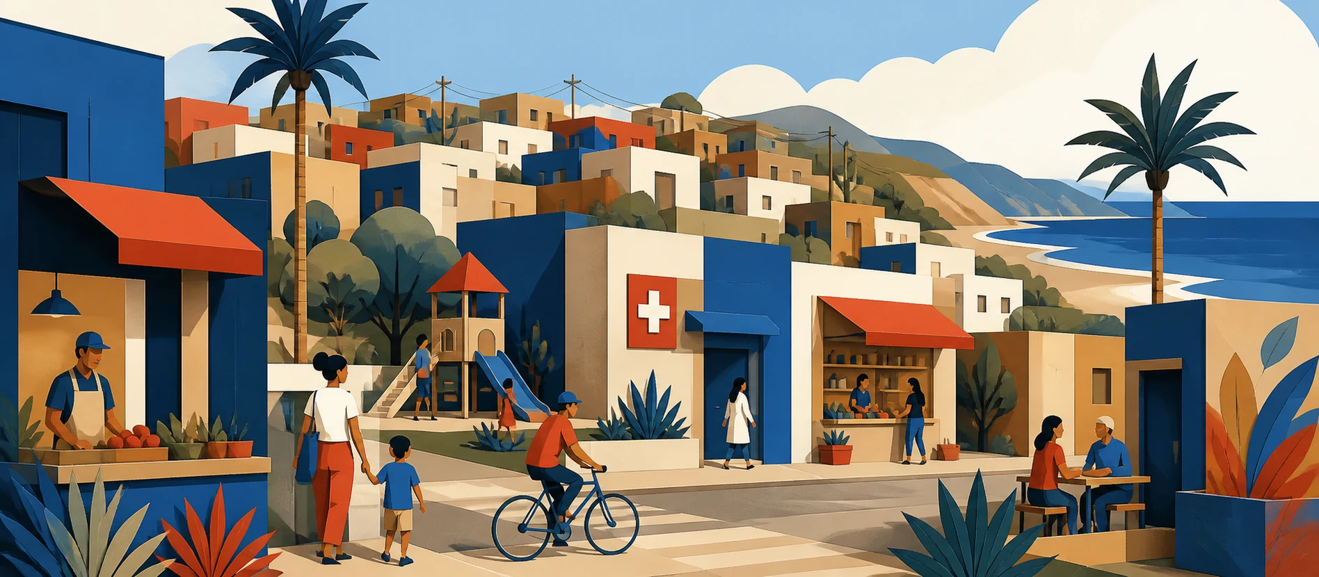 Ilustración original del contexto residencial y de servicios verificados de 17 de Agosto, Rosarito