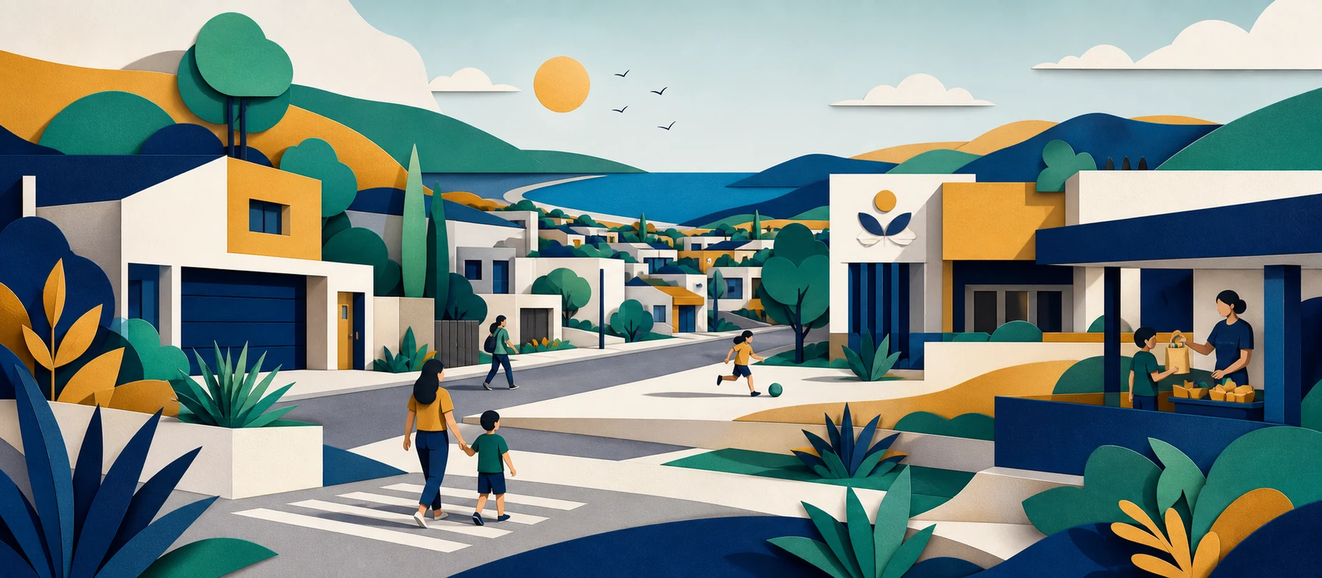 Ilustración original del contexto residencial y de servicios verificados de Aztlán, Rosarito