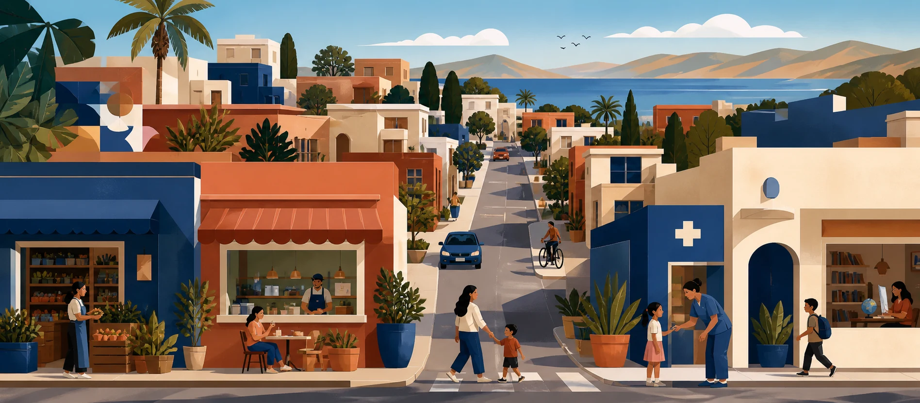 Ilustración original del contexto residencial y de servicios verificados de Benito Juárez, Rosarito