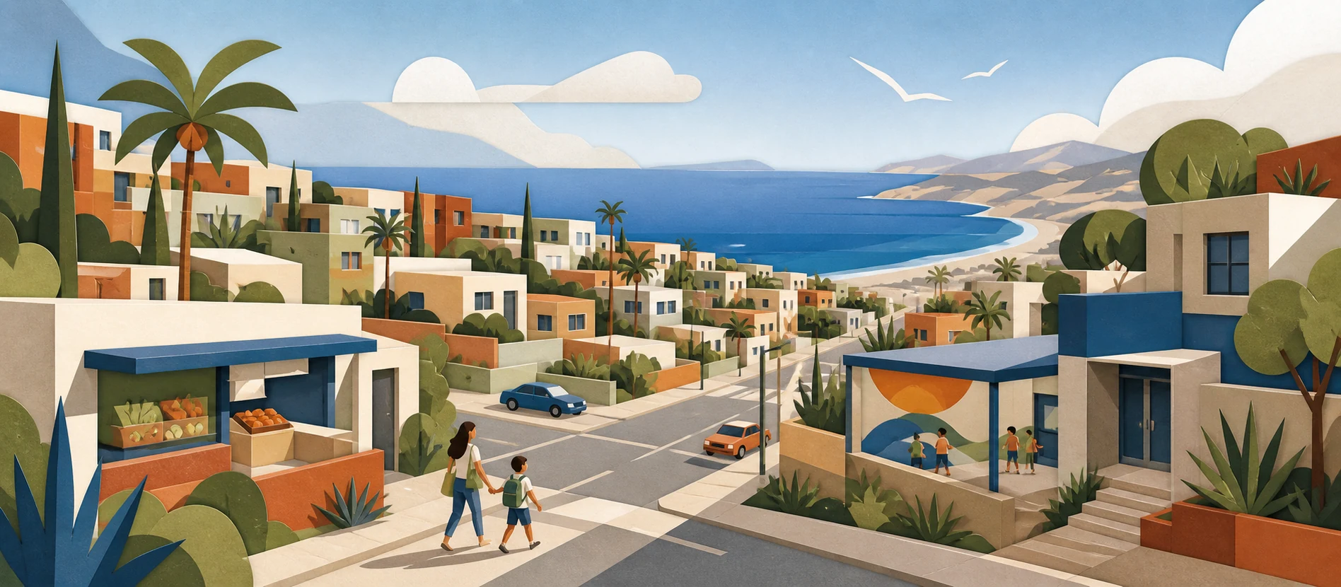 Ilustración original del contexto residencial y de servicios verificados de Colinas de Rosarito, Rosarito