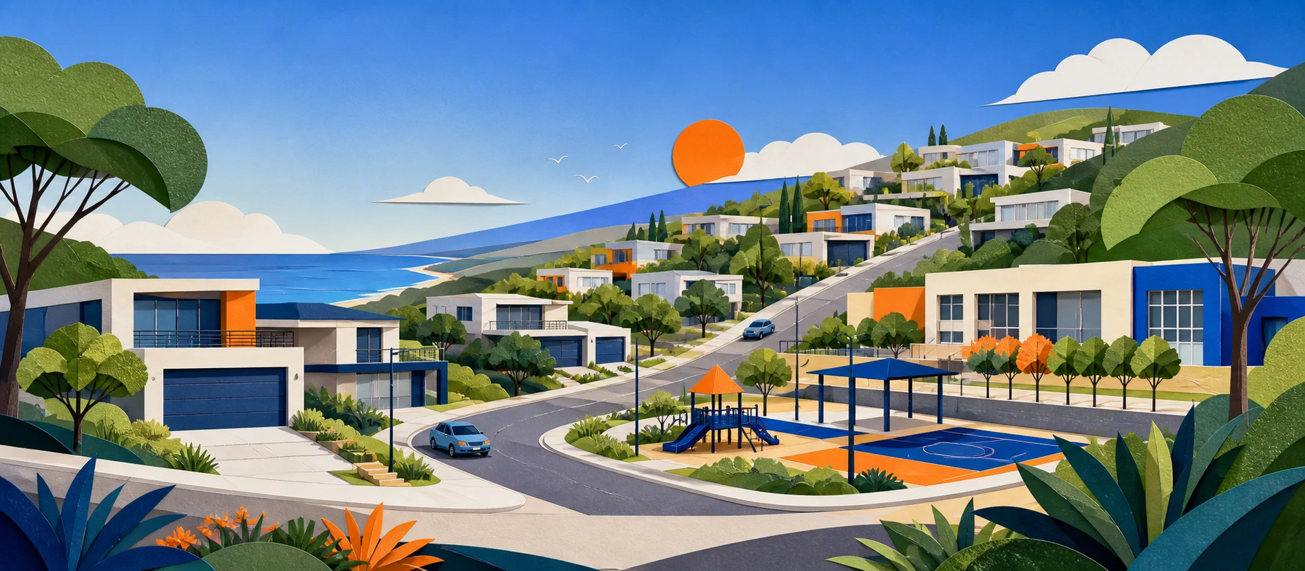 Ilustración original del contexto residencial y de servicios verificados de Cumbres de Rosarito, Rosarito
