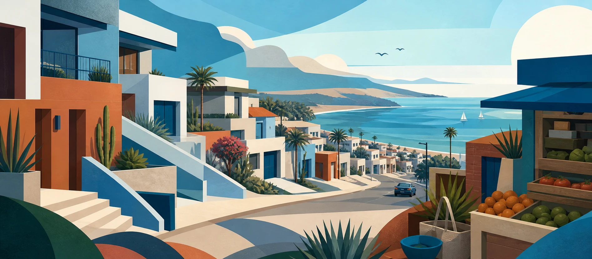 Ilustración original del contexto residencial y de servicios verificados de Cumbres del Mar, Rosarito