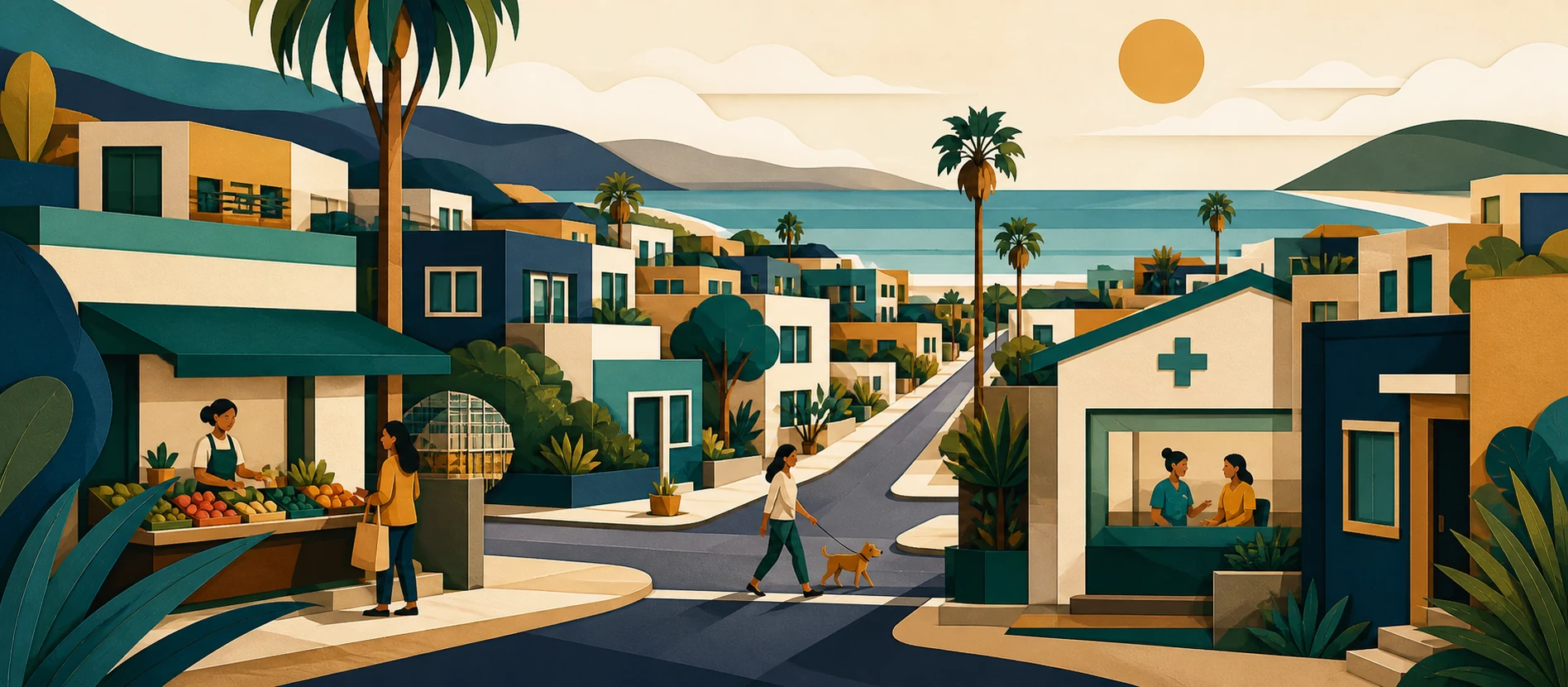 Ilustración original del contexto residencial y de servicios verificados de El Campito, Rosarito