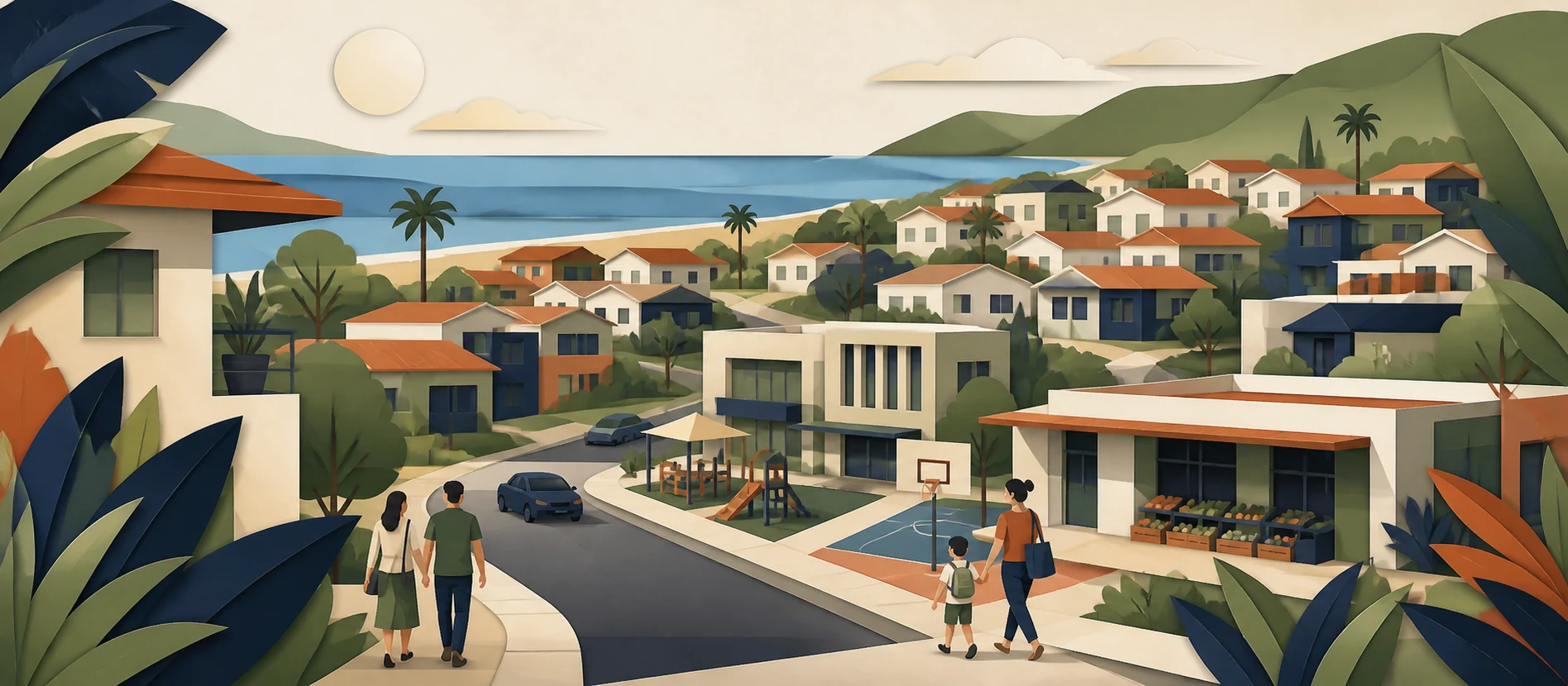 Ilustración original del contexto residencial y de servicios verificados de El Descanso, Rosarito