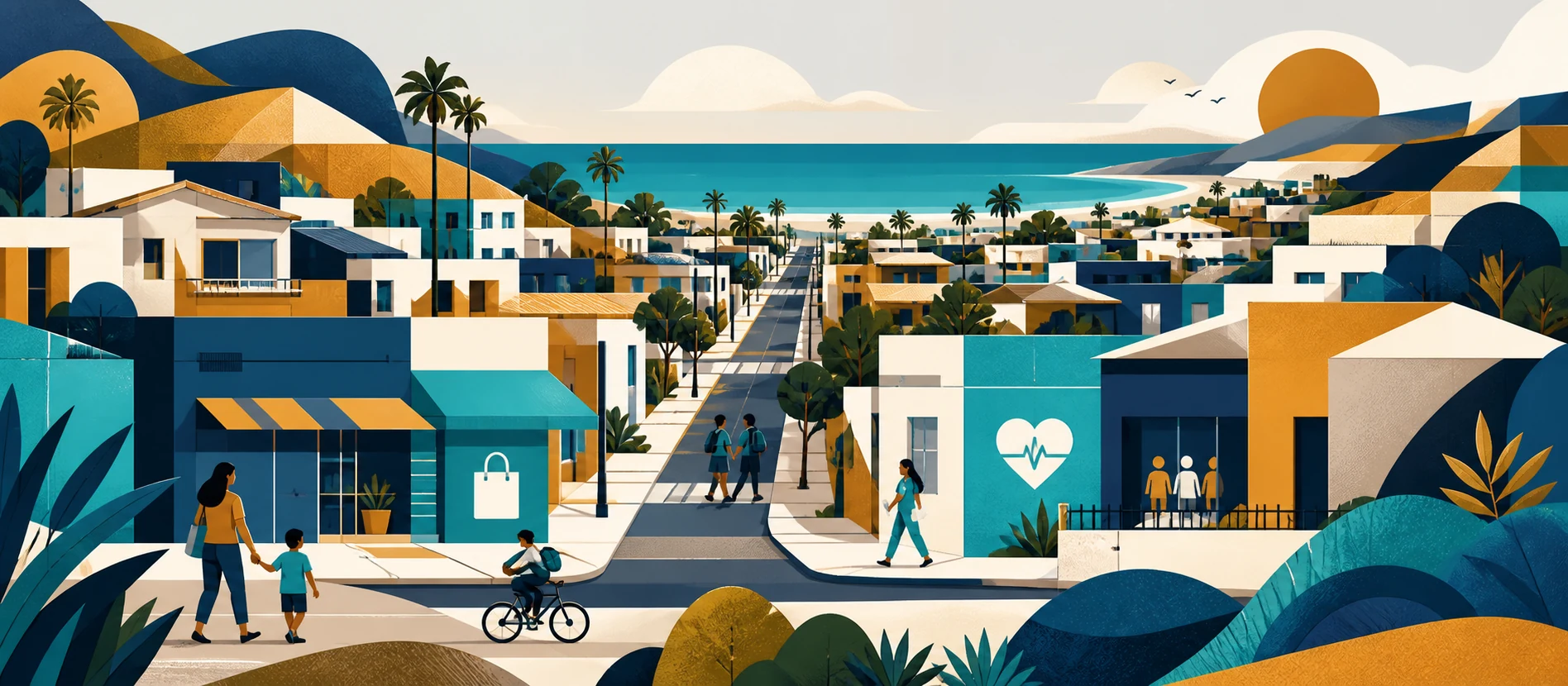 Ilustración original del contexto residencial y de servicios verificados de Independencia, Rosarito