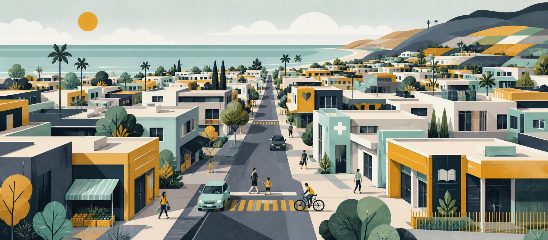 Ilustración original del contexto residencial y de servicios verificados de La Mina, Rosarito