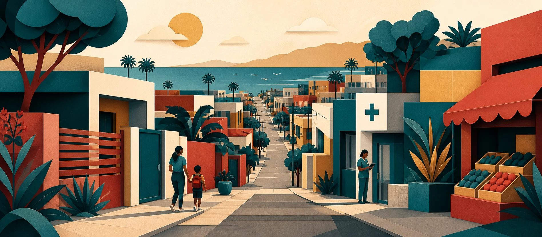 Ilustración original del contexto residencial y de servicios verificados de López Gutiérrez, Rosarito