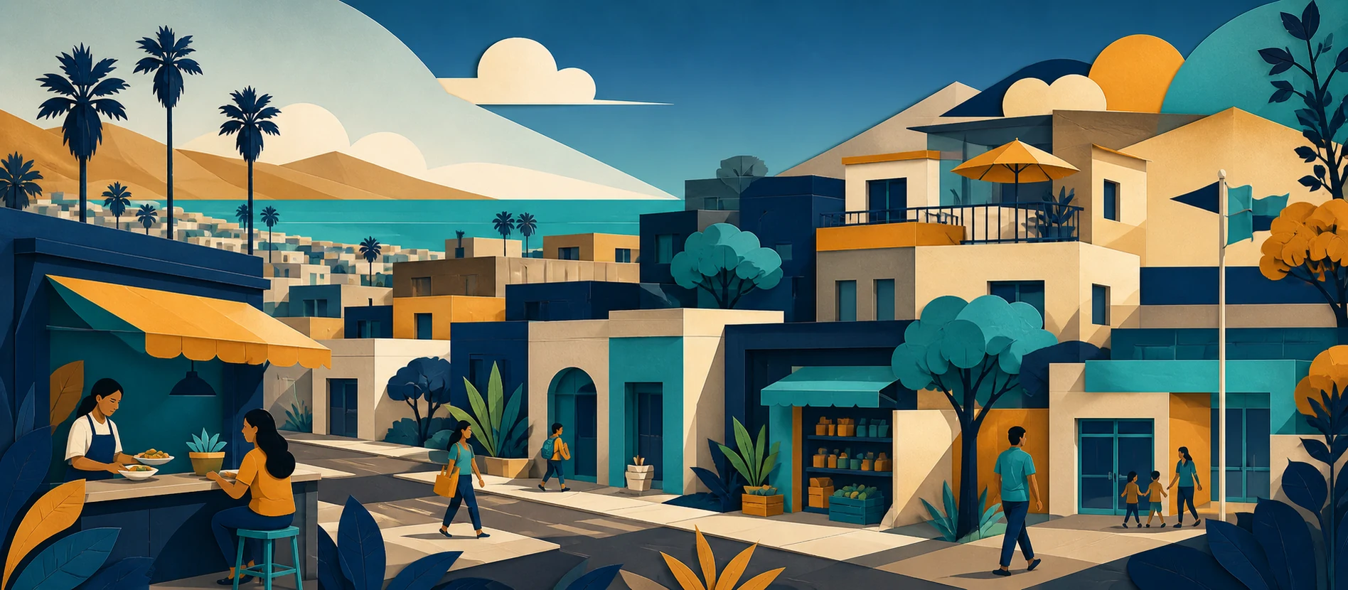 Ilustración original del contexto residencial y de servicios verificados de Los Ángeles, Rosarito