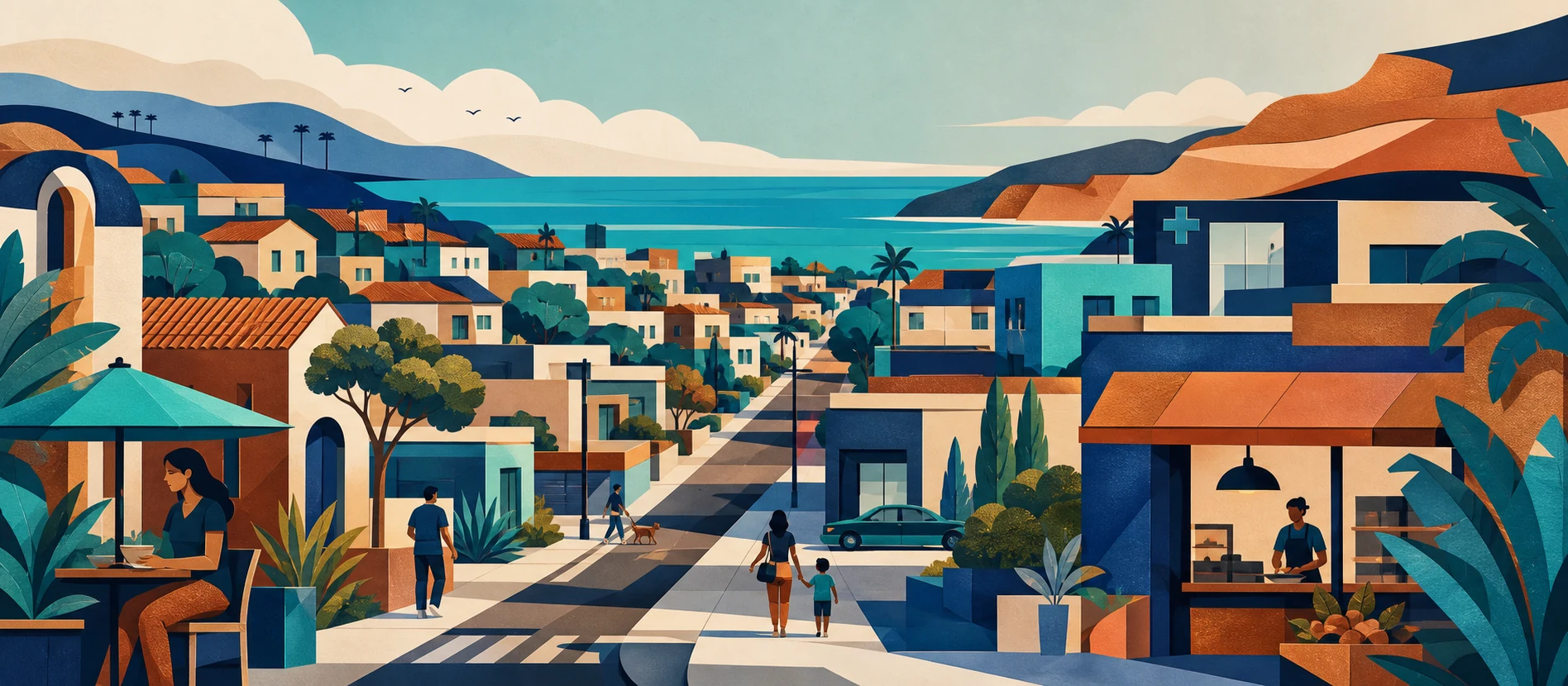 Ilustración original del contexto residencial y de servicios verificados de Machado Sur, Rosarito