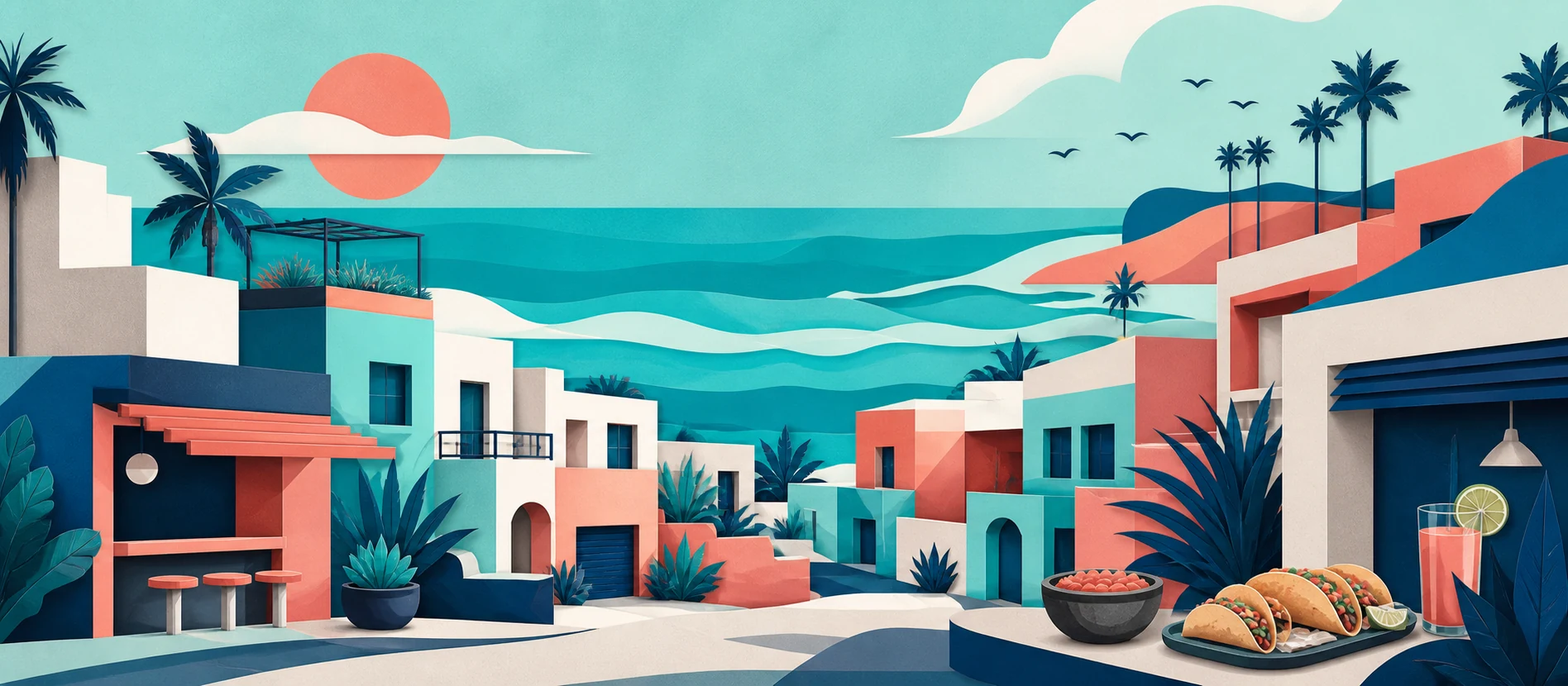Ilustración original del contexto residencial y de servicios verificados de Playa Encantada, Rosarito