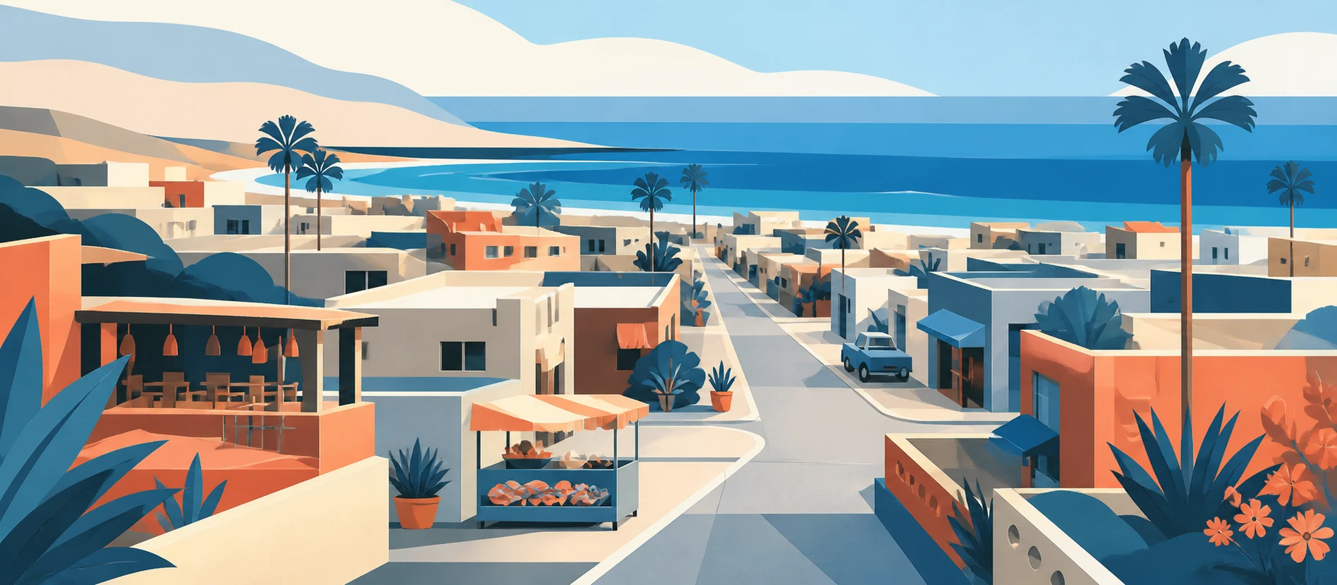 Ilustración original del contexto residencial y de servicios verificados de Puerto Nuevo, Rosarito