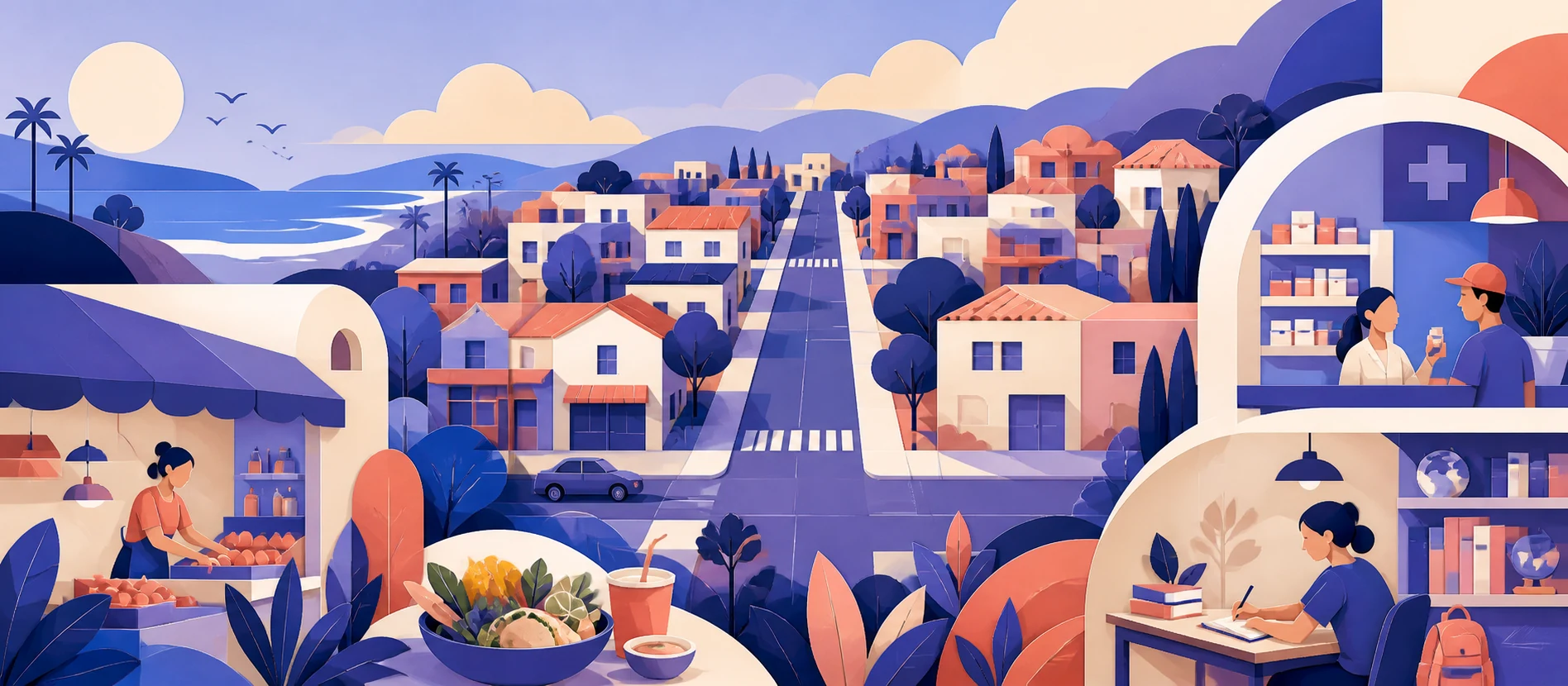 Ilustración original del contexto residencial y de servicios verificados de Santa Lucía, Rosarito