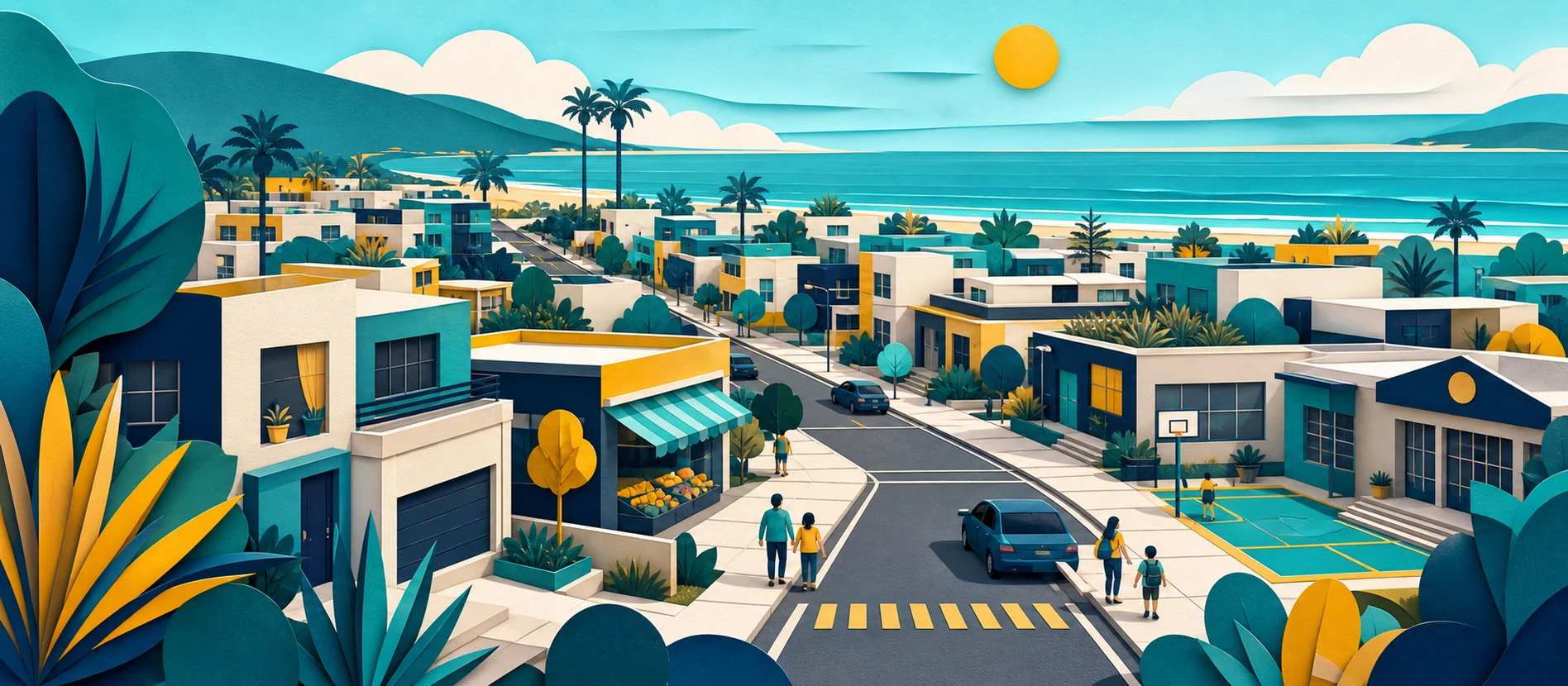Ilustración original del contexto residencial y de servicios verificados de Villa Bonita, Rosarito