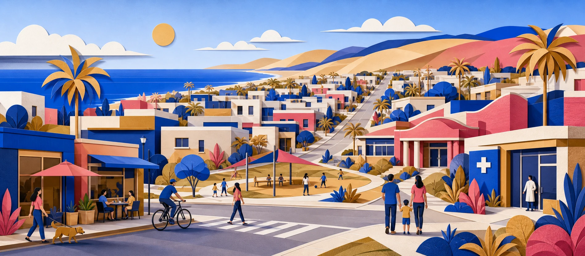 Ilustración original del contexto residencial y de servicios verificados de Villas de Rosarito, Rosarito
