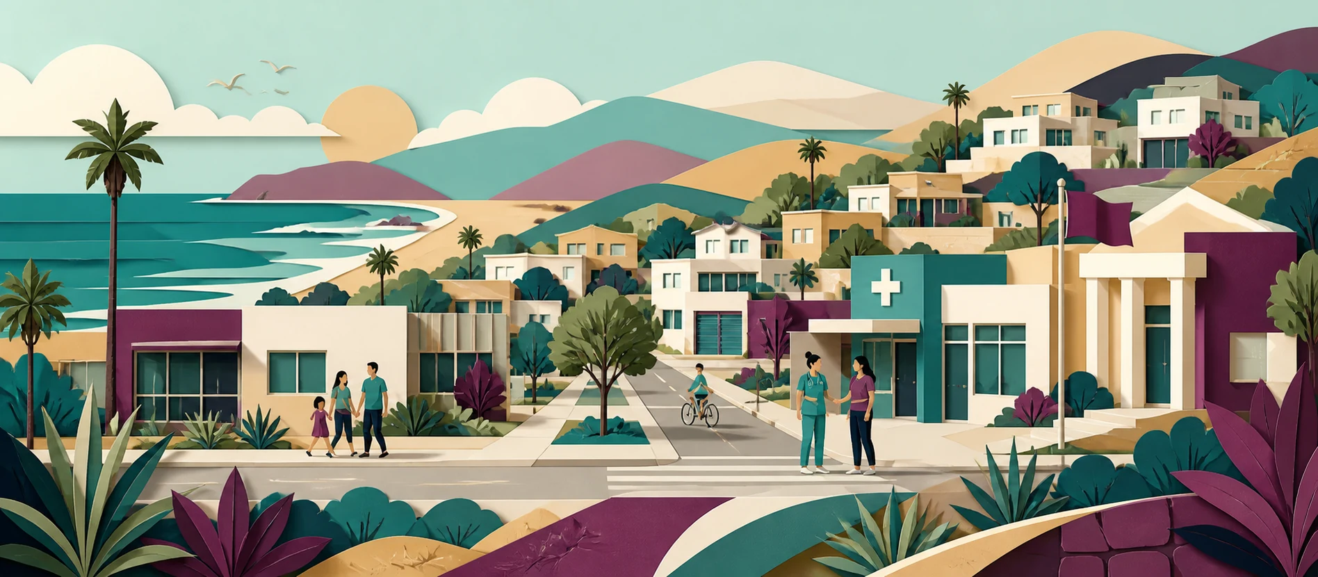 Ilustración original del contexto residencial y de servicios verificados de Vista Hermosa, Rosarito