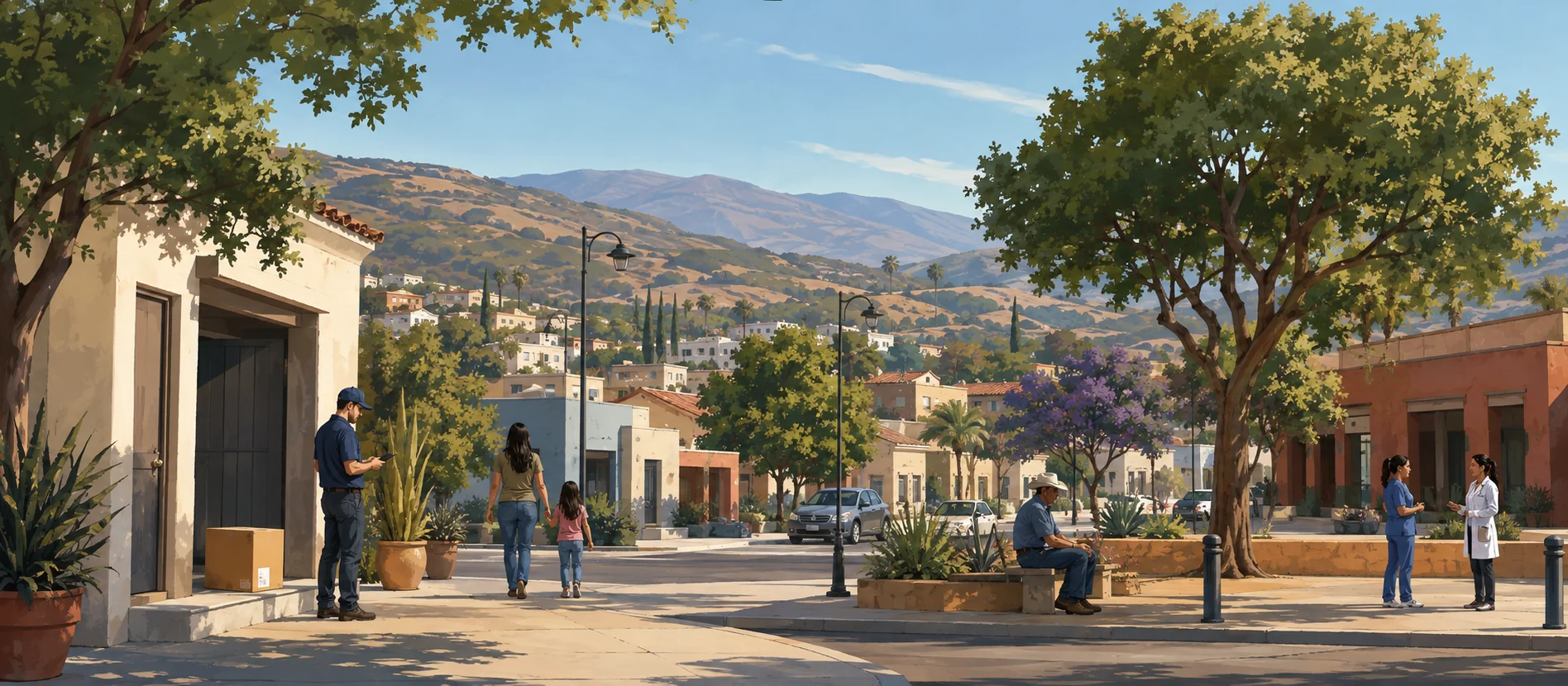 Original illustration representing the residential and recorded service context of Colinas de La Presa, Ensenada