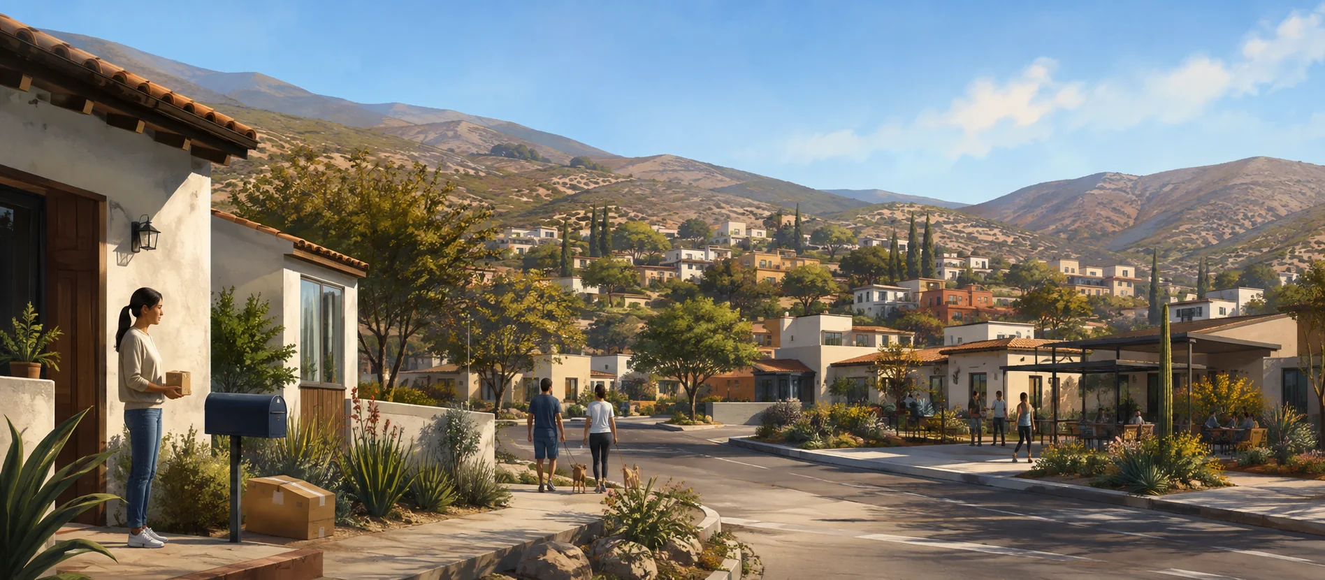 Original illustration representing the residential and recorded service context of Cumbres de La Presa, Ensenada