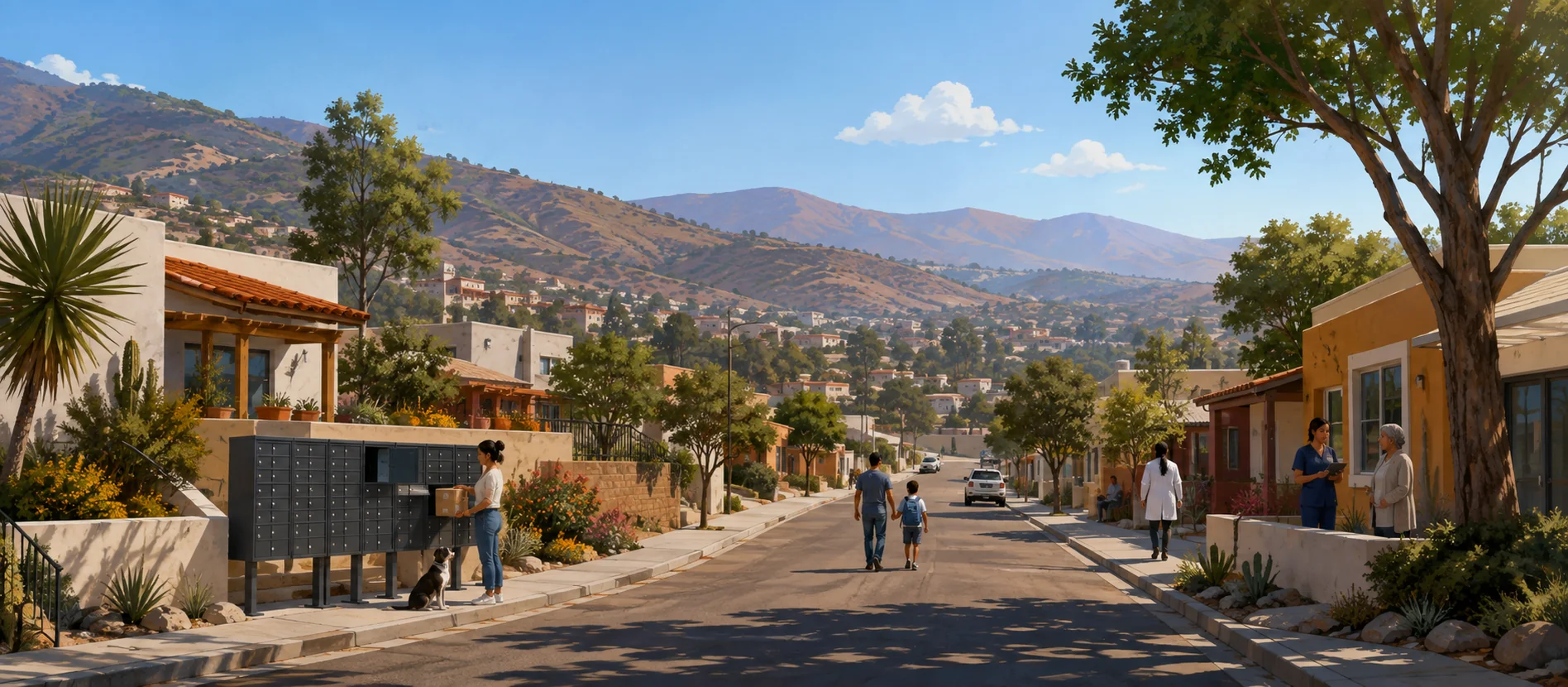Original illustration representing the residential and recorded service context of Loma Bonita, Ensenada