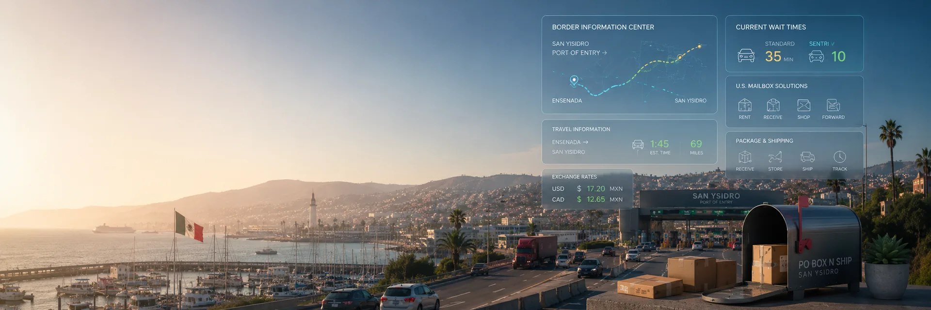 Ensenada harbour and the Pacific coast at sunset with the route north toward the San Ysidro port of entry, a U.S. mailbox and parcels in the foreground and a Border Information Center panel overlaid.