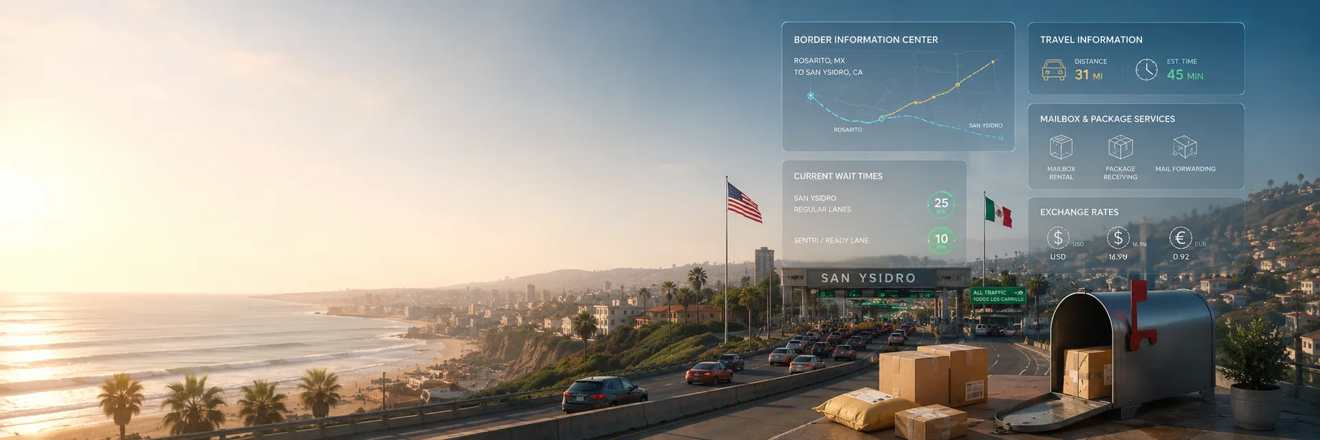 The Rosarito coastline at sunset leading north toward the San Ysidro crossing, with vehicle lanes, a U.S. mailbox and parcels in the foreground and a Border Information Center panel overlaid.